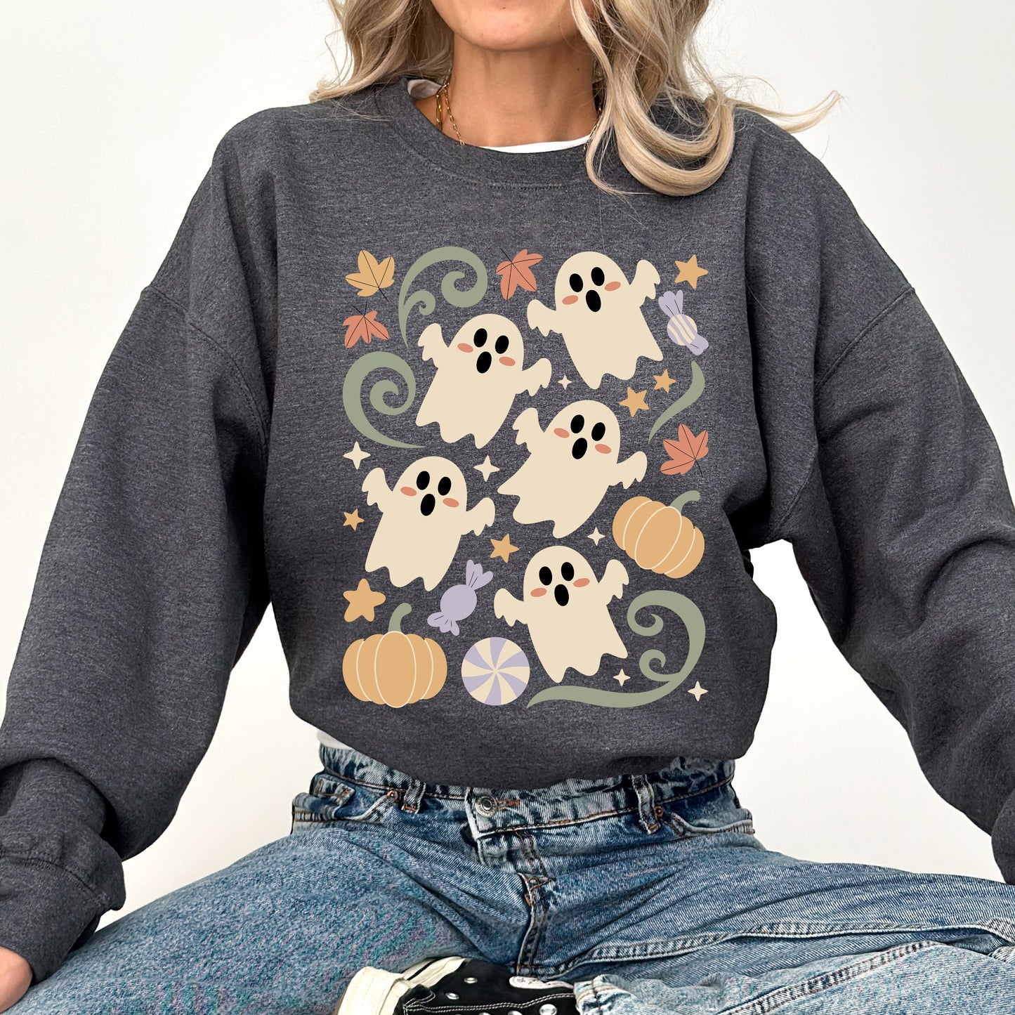 Vintage Ghosts Floral Halloween Retro Spooky Graphic Sweatshirt