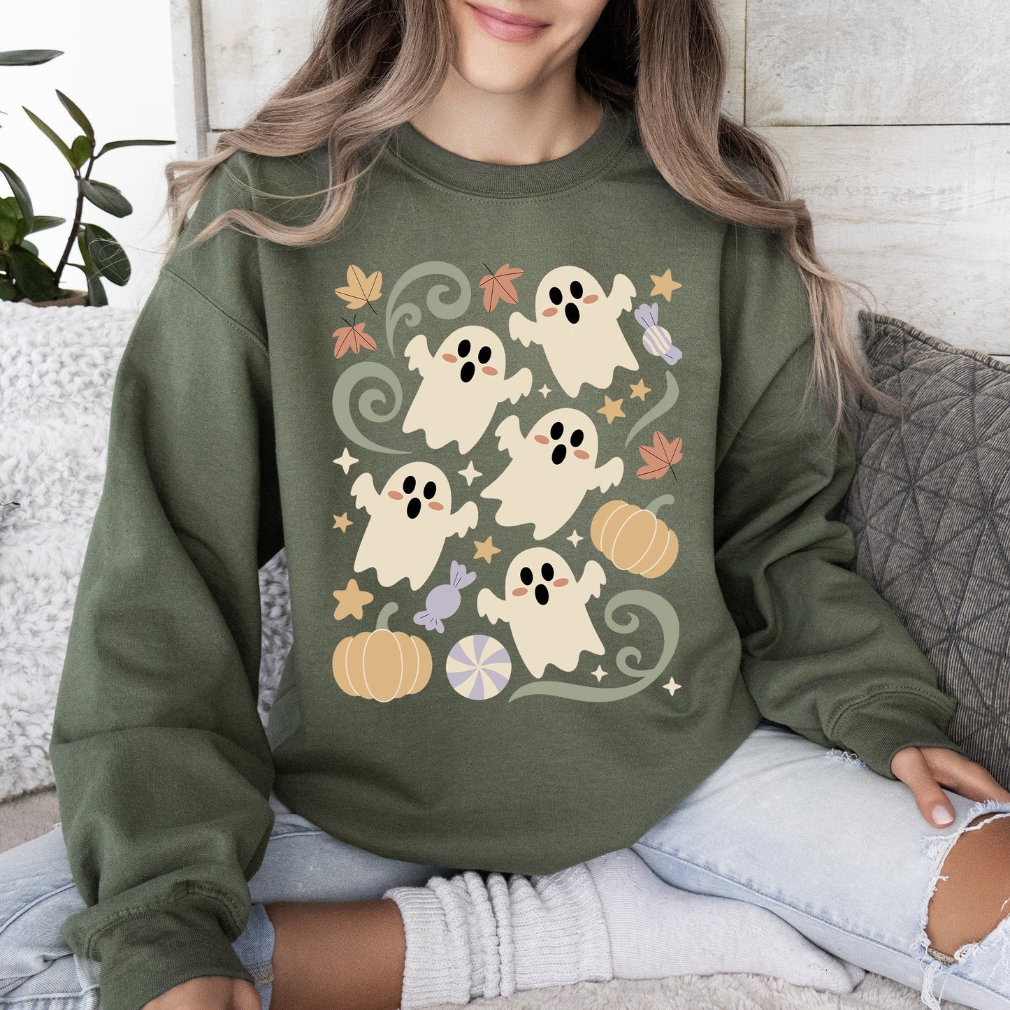 Vintage Ghosts Floral Halloween Retro Spooky Graphic Sweatshirt