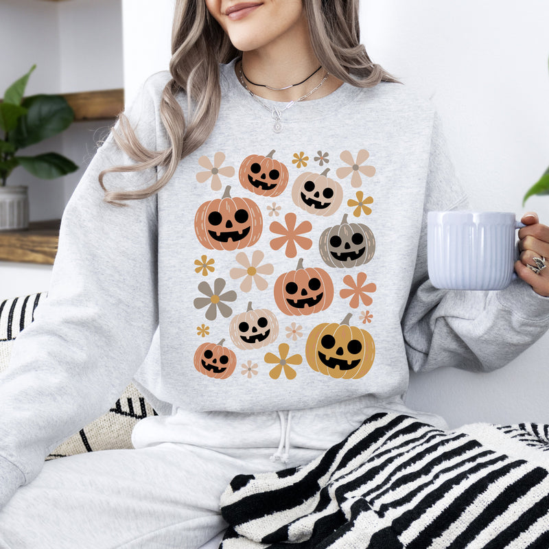 Halloween Pumpkins and Flowers Graphic Sweatshirt Retro Vintage
