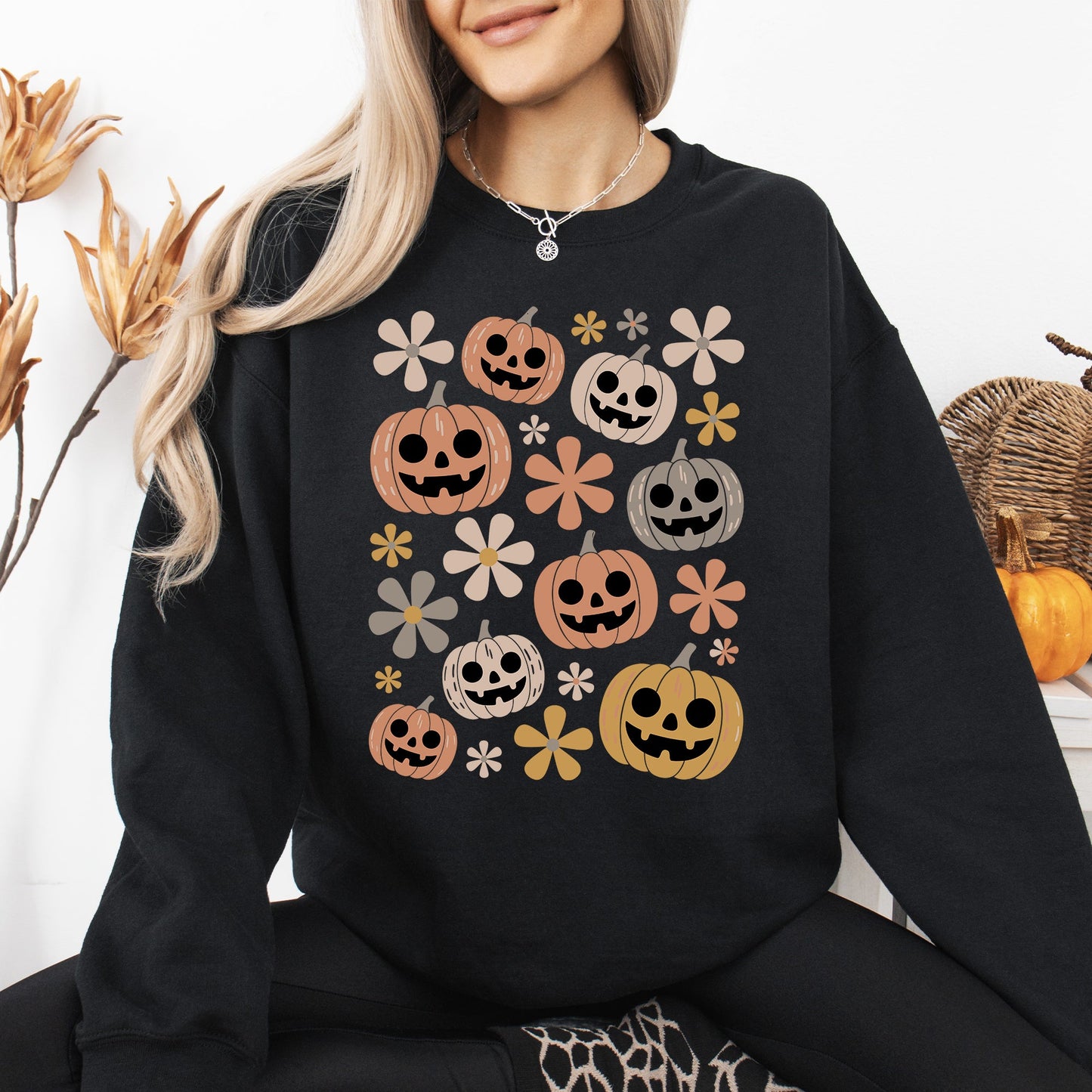 Pumpkins and Flowers, Halloween, Retro, Vintage, Spooky, Costume, Fall, Graphic Sweatshirt