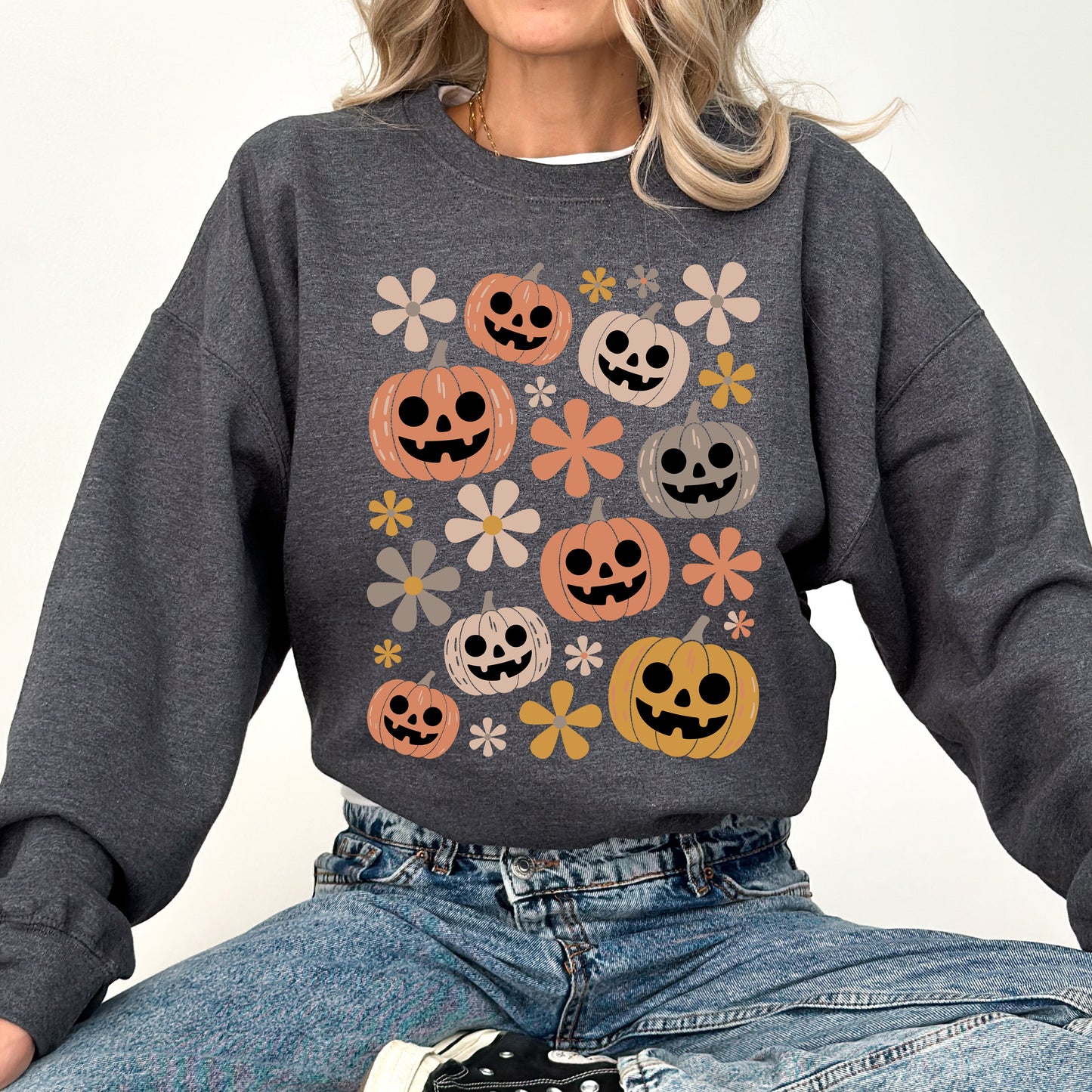 Pumpkins and Flowers, Halloween, Retro, Vintage, Spooky, Costume, Fall, Graphic Sweatshirt