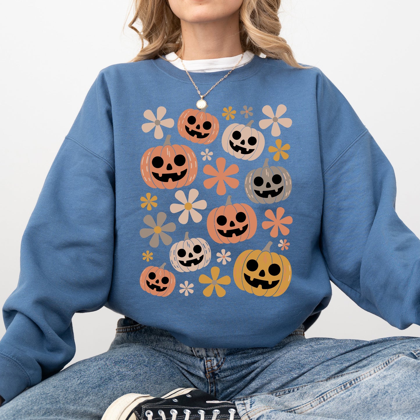 Pumpkins and Flowers, Halloween, Retro, Vintage, Spooky, Costume, Fall, Graphic Sweatshirt