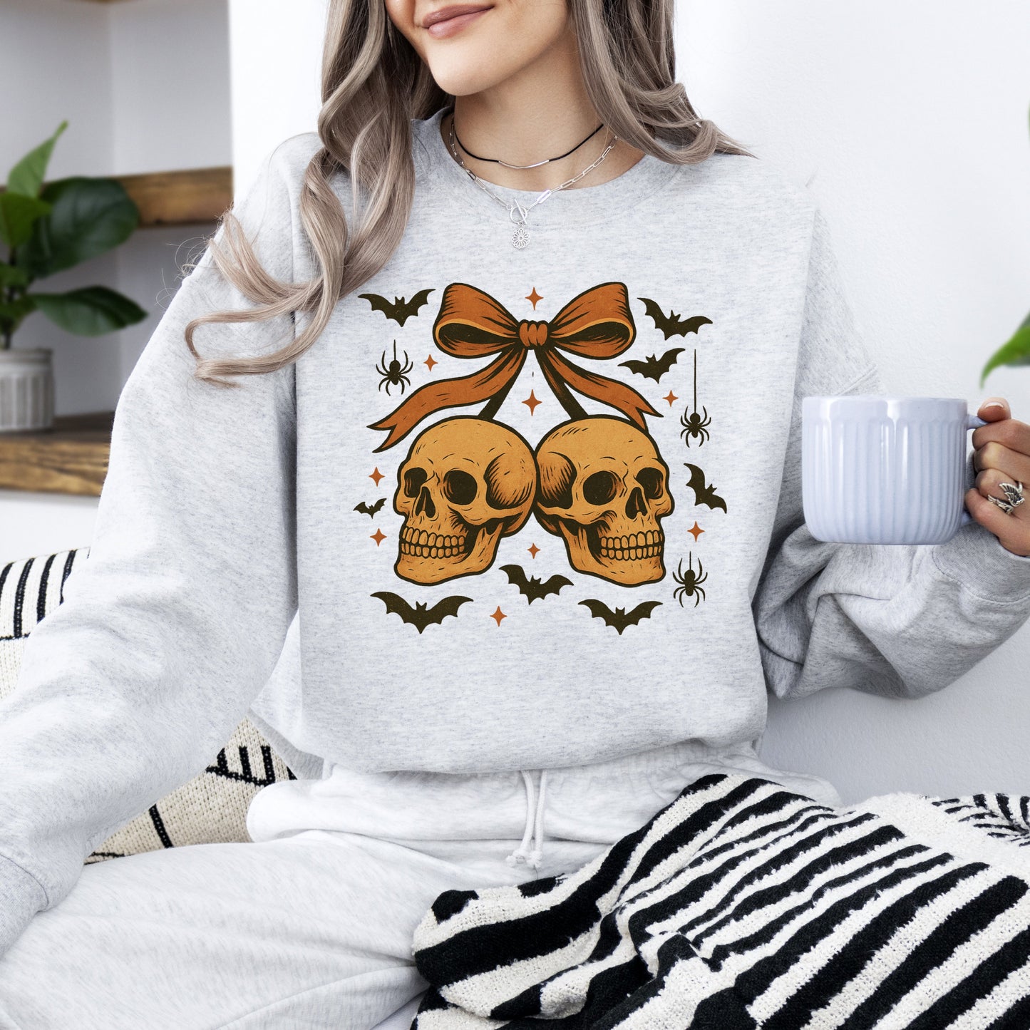 Skull Bow Neon Graphic Sweatshirt Retro Vintage Halloween Coquette