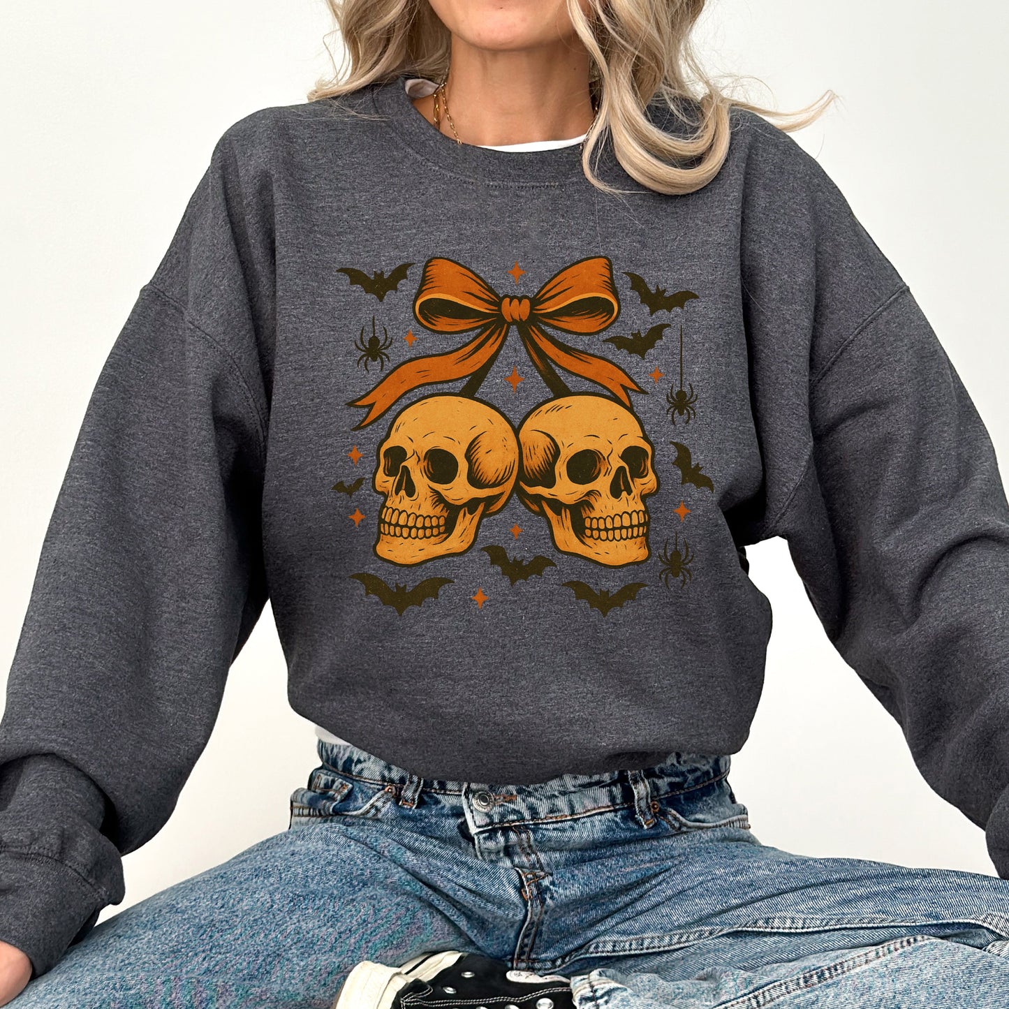 Skull Bow Neon Graphic Sweatshirt Retro Vintage Halloween Coquette