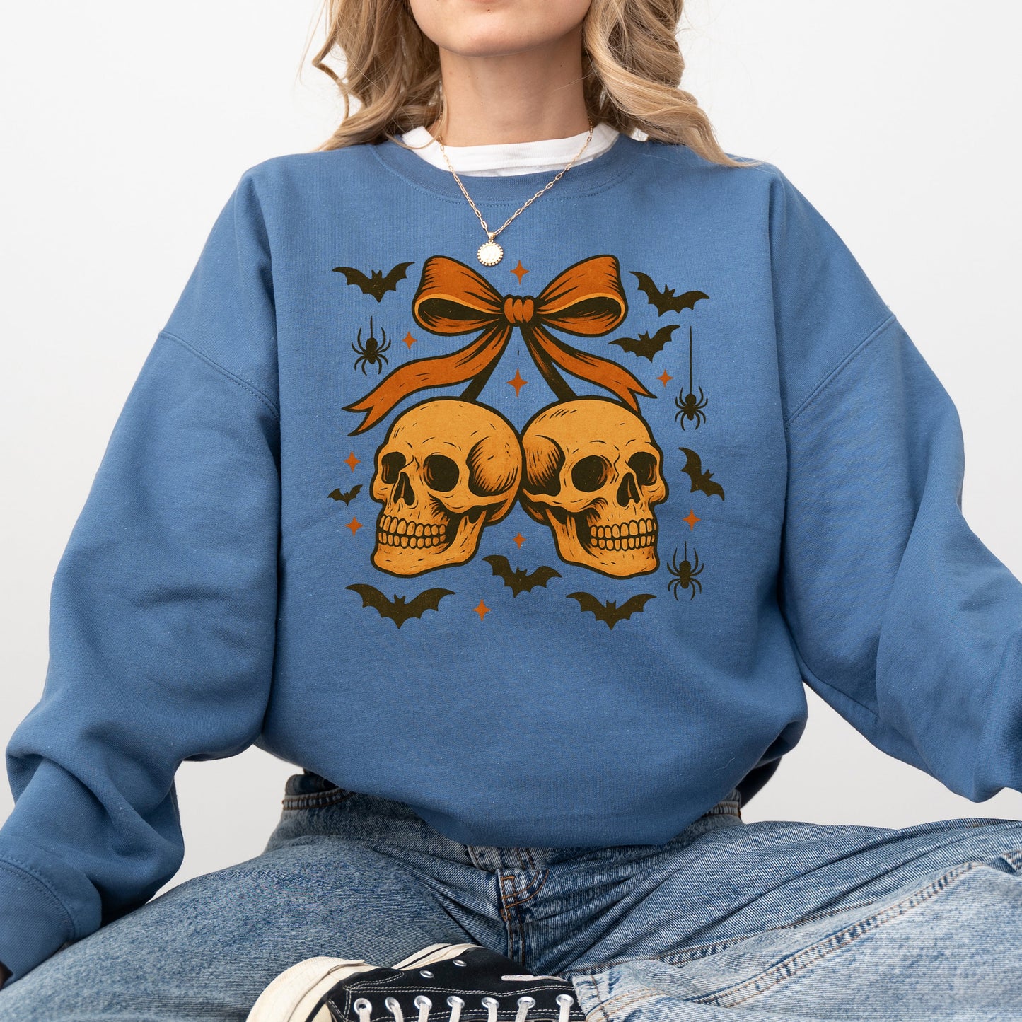 Skull Bow Neon Graphic Sweatshirt Retro Vintage Halloween Coquette