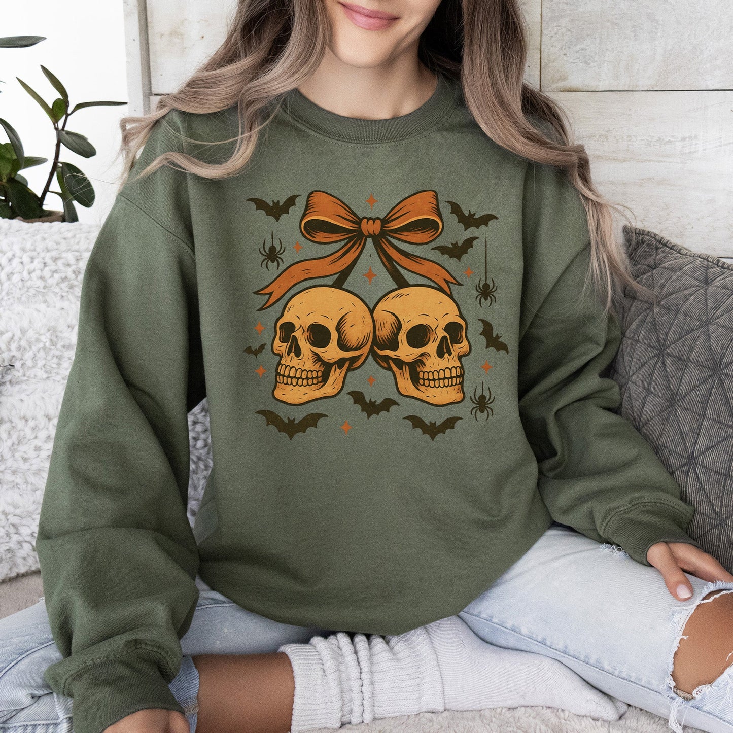 Skull Bow Neon Graphic Sweatshirt Retro Vintage Halloween Coquette