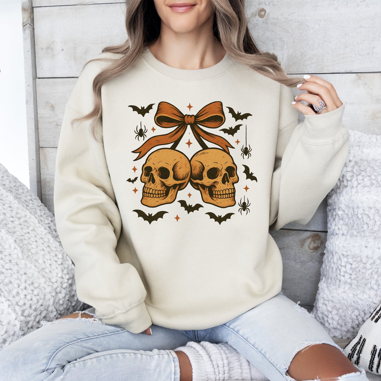Skull Bow Neon Graphic Sweatshirt Retro Vintage Halloween Coquette