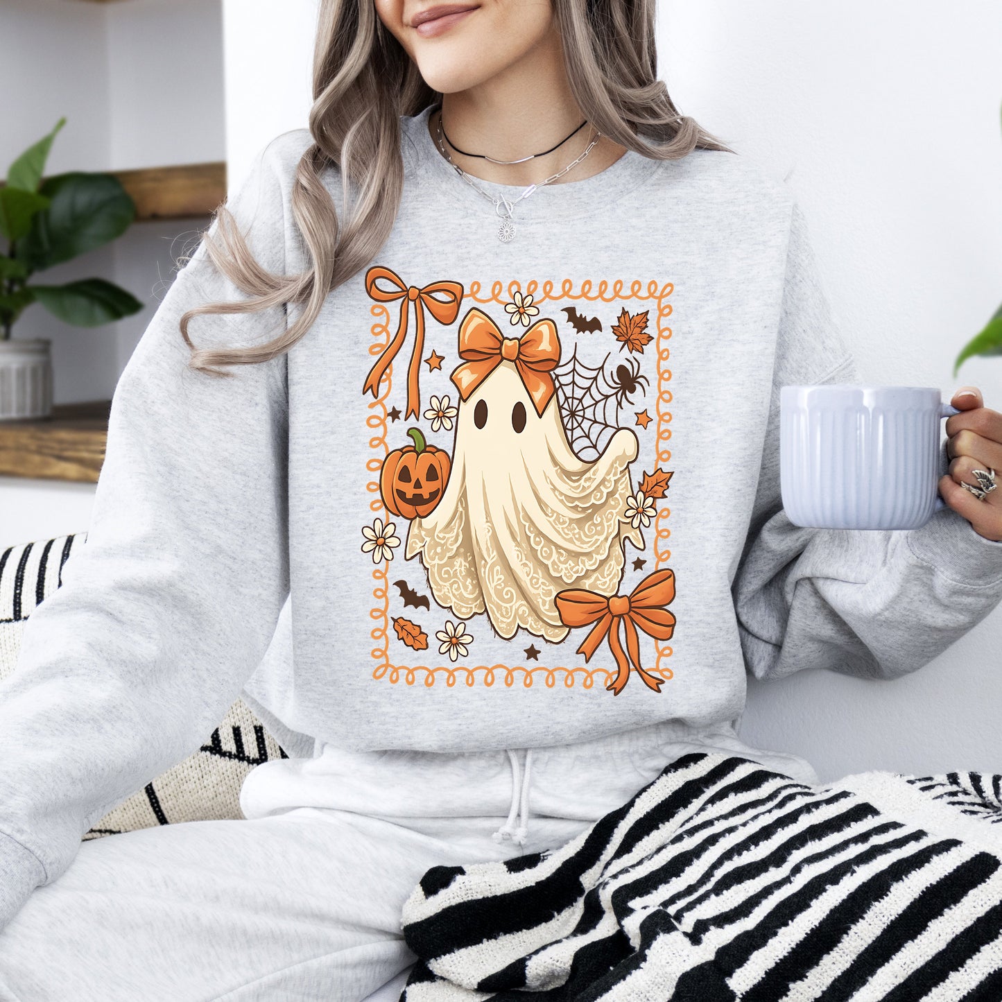 Cute Ghost Bow Lace Pumpkin Halloween Graphic Sweatshirt