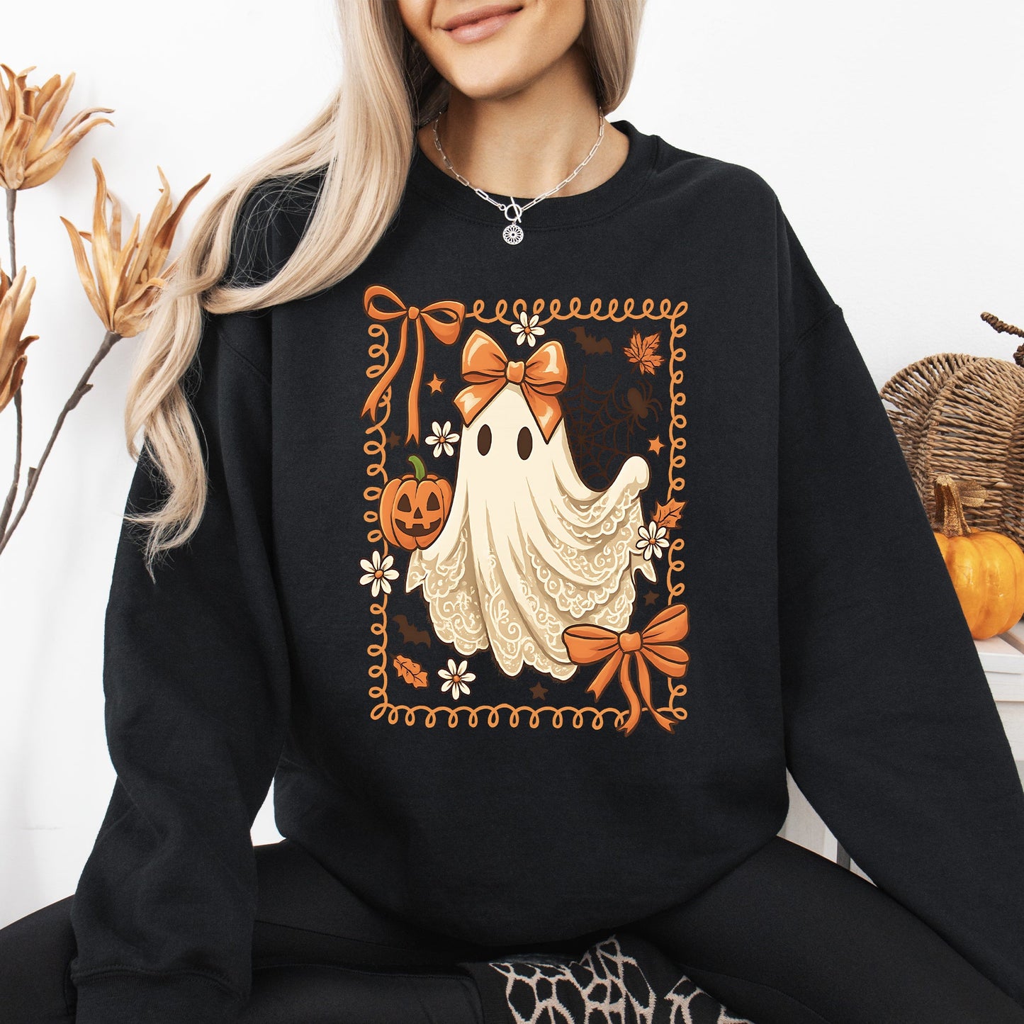 Cute Ghost Bow Lace Pumpkin Halloween Graphic Sweatshirt