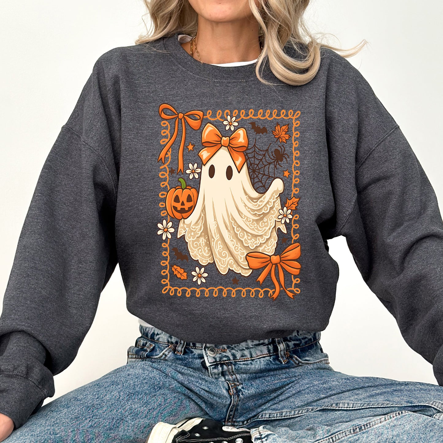Cute Ghost Bow Lace Pumpkin Halloween Graphic Sweatshirt