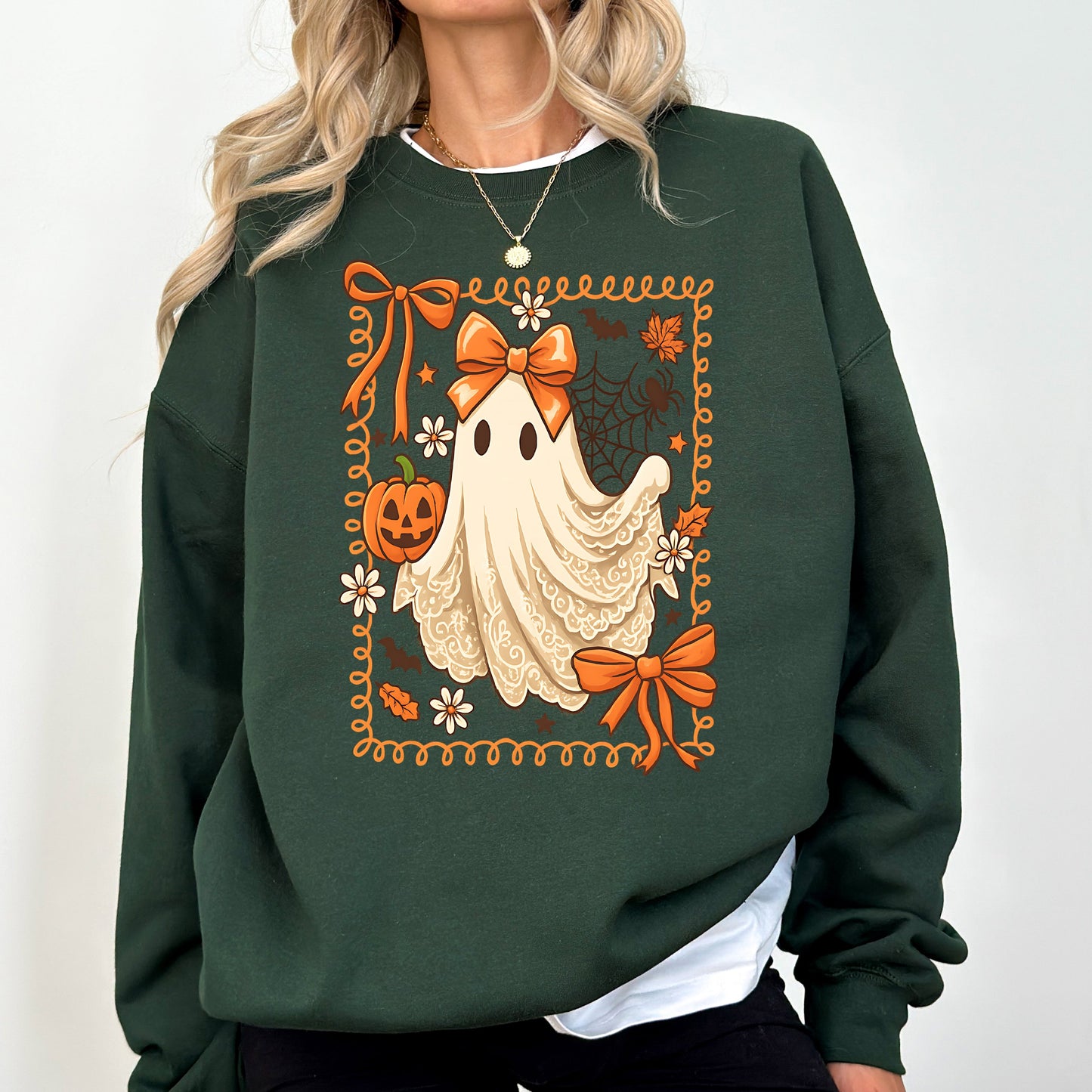 Cute Ghost Bow Lace Pumpkin Halloween Graphic Sweatshirt