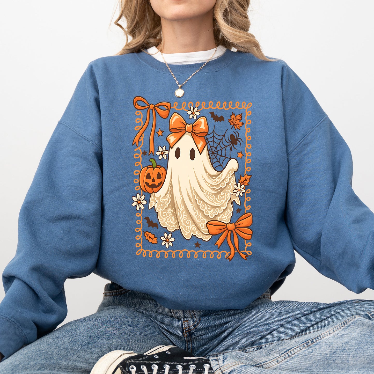 Cute Ghost Bow Lace Pumpkin Halloween Graphic Sweatshirt