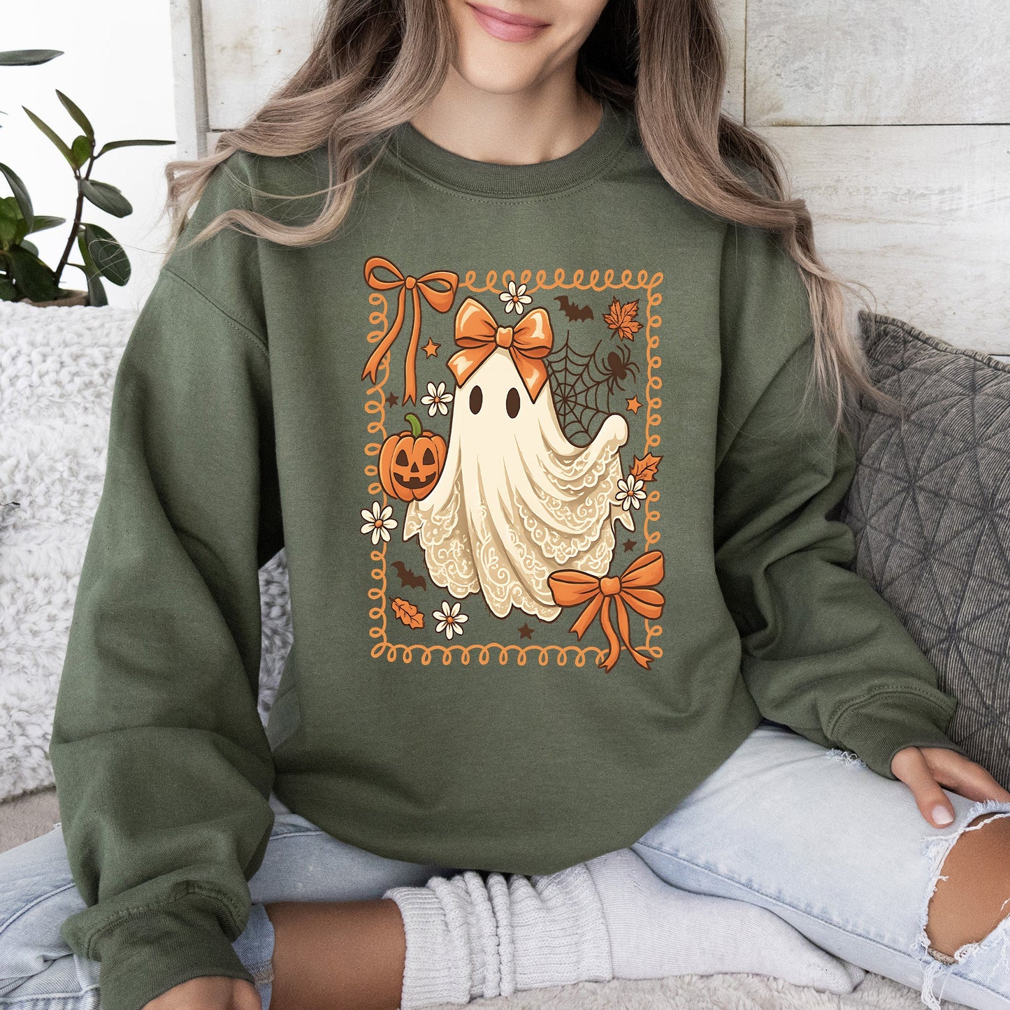 Cute Ghost Bow Lace Pumpkin Halloween Graphic Sweatshirt