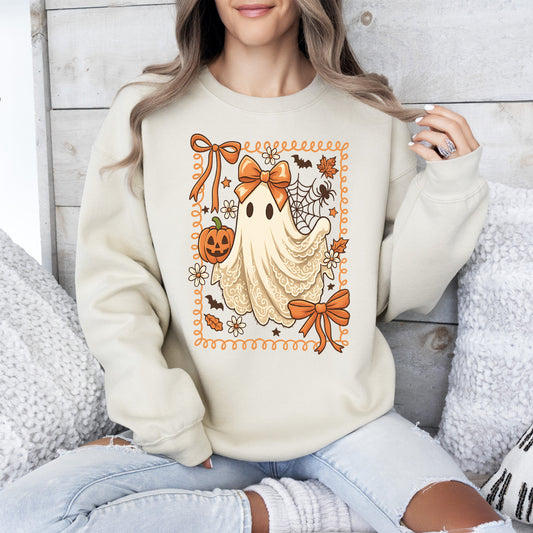 Cute Ghost Bow Lace Pumpkin Halloween Graphic Sweatshirt