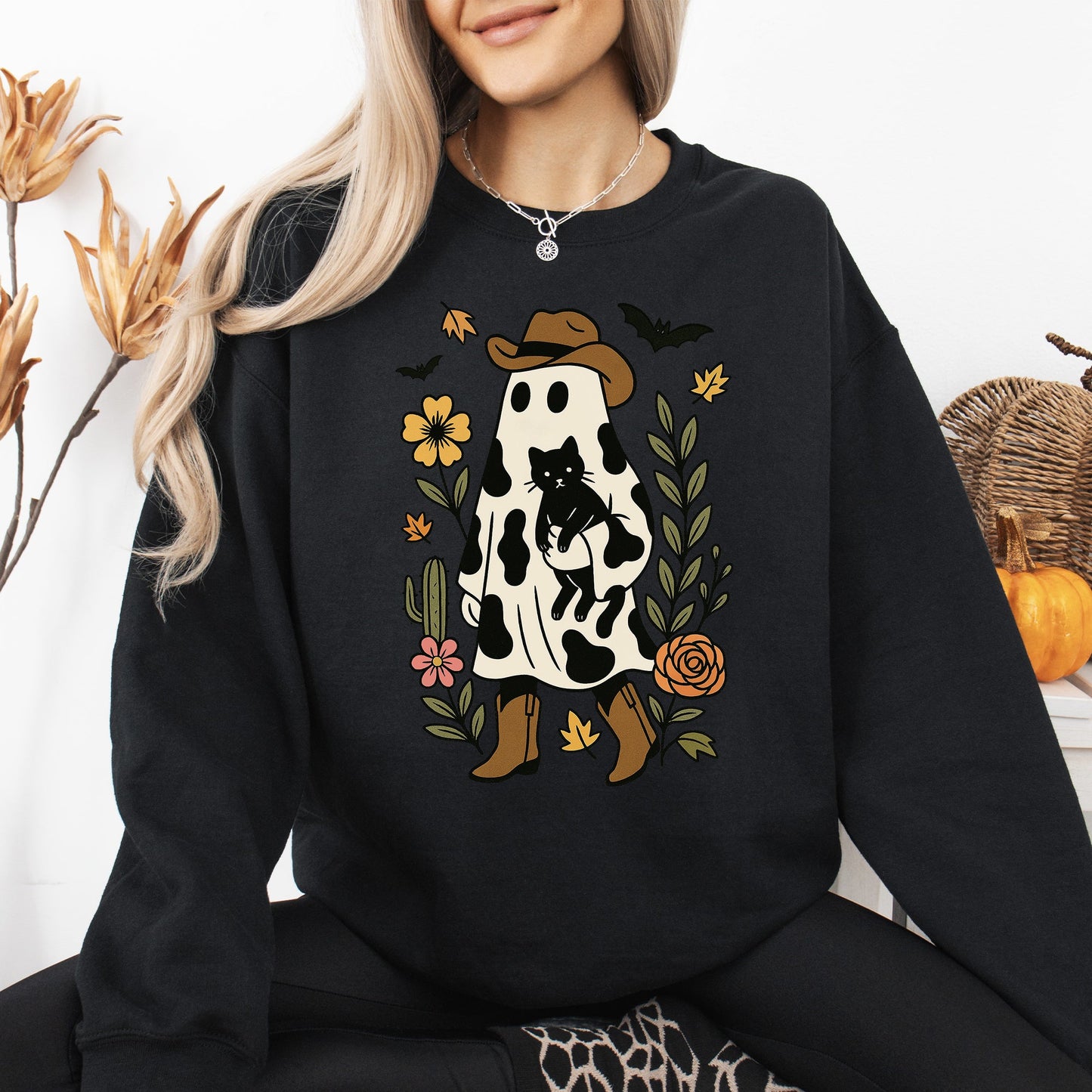 Cute Cowboy Ghost Neon-Infused Graphic Sweatshirt Retro Vintage