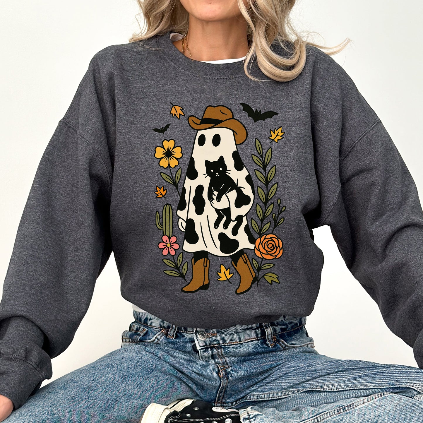 Cute Cowboy Ghost Neon-Infused Graphic Sweatshirt Retro Vintage