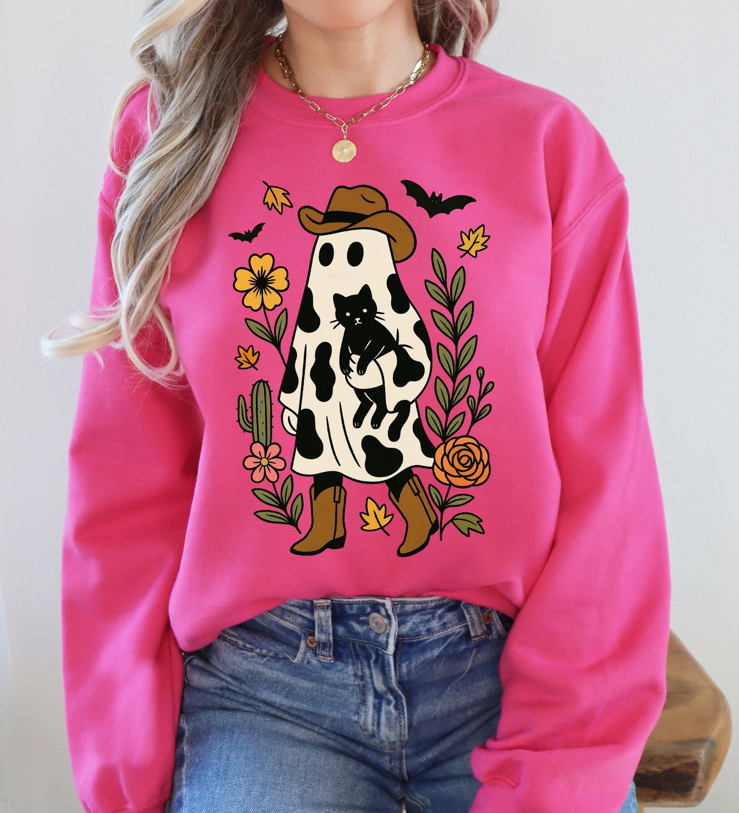 Cute Cowboy Ghost Neon-Infused Graphic Sweatshirt Retro Vintage