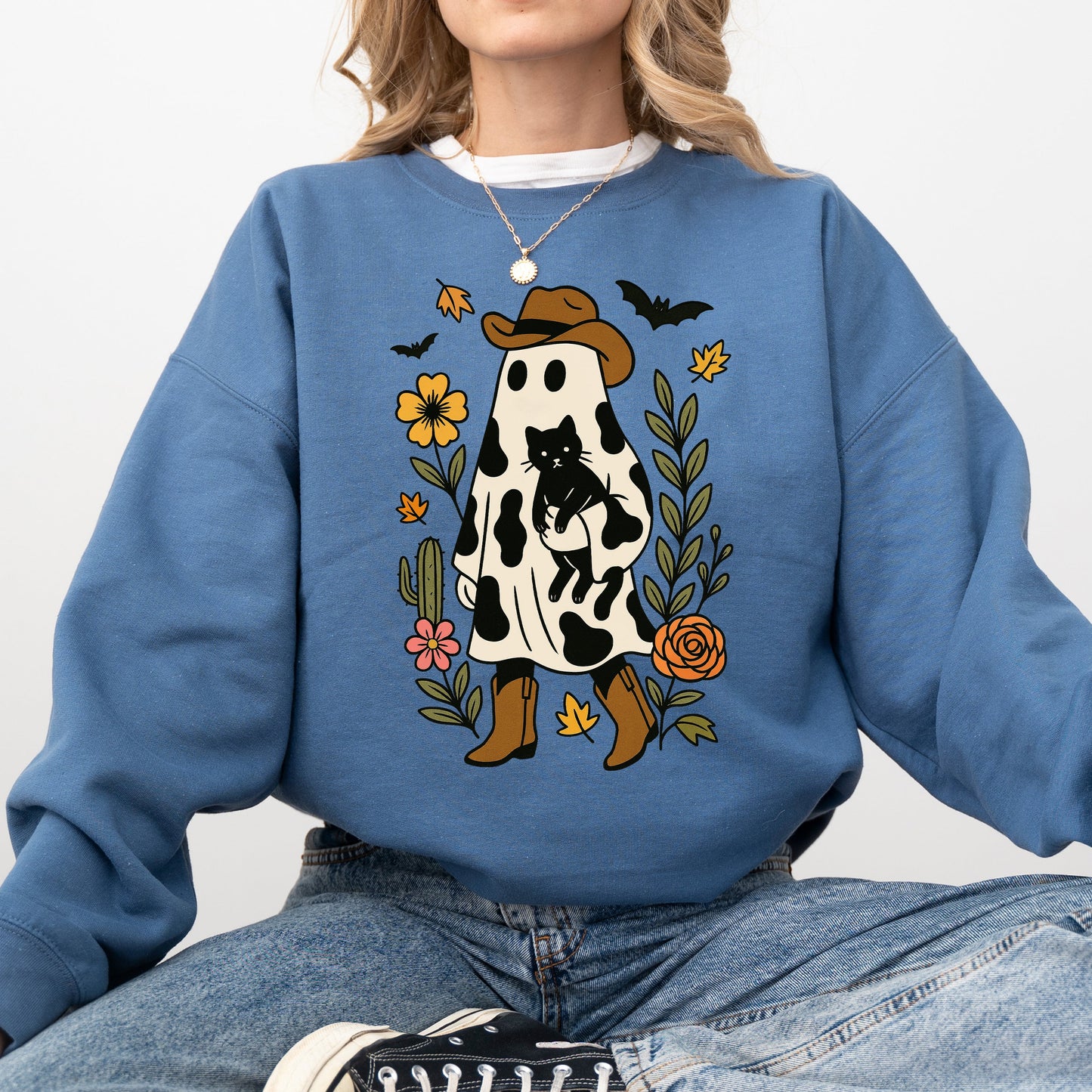 Cute Cowboy Ghost Neon-Infused Graphic Sweatshirt Retro Vintage