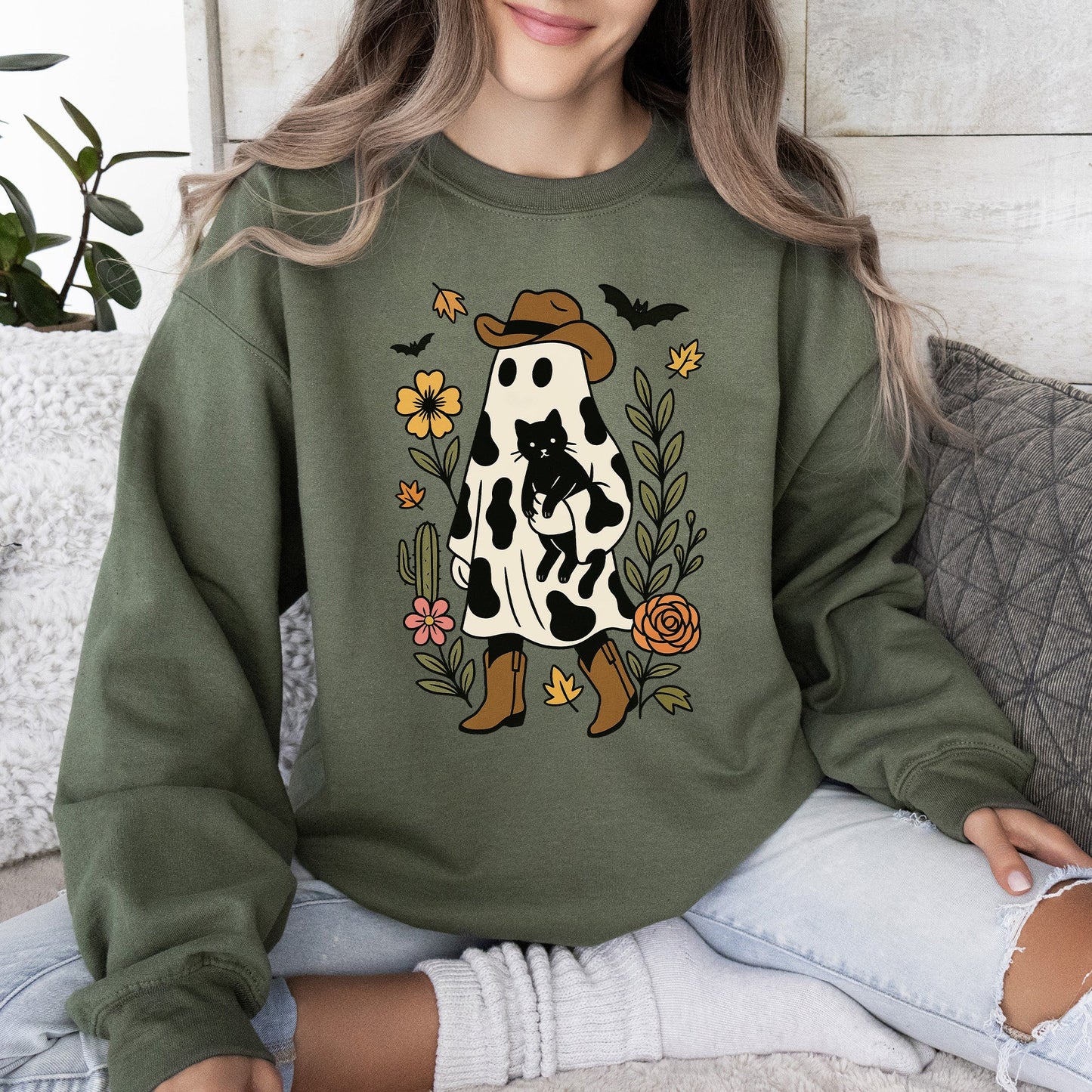 Cute Cowboy Ghost Neon-Infused Graphic Sweatshirt Retro Vintage