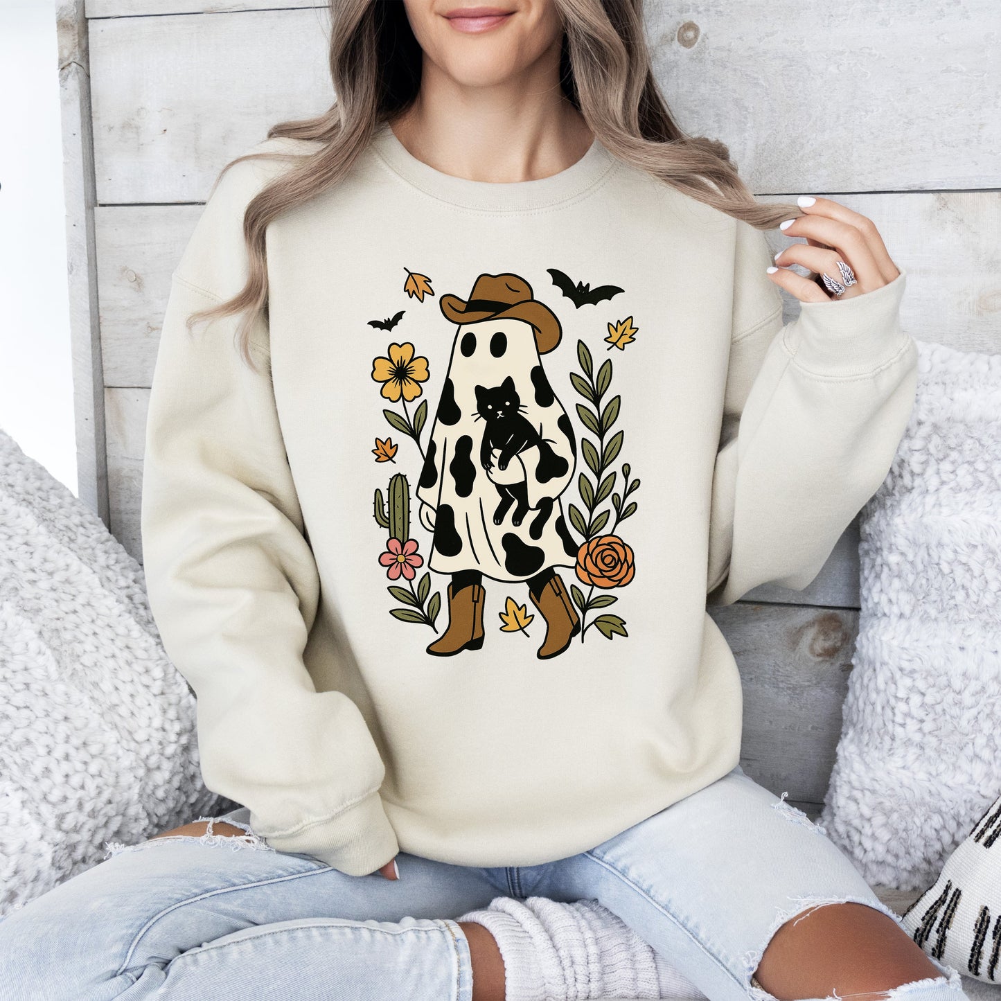 Cute Cowboy Ghost Neon-Infused Graphic Sweatshirt Retro Vintage