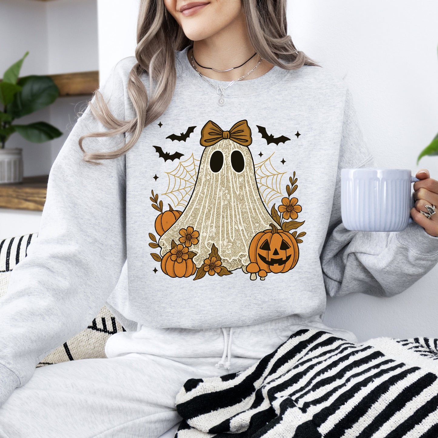 Cute Ghost Graphic Sweatshirt Bow Lace Bats Halloween Retro Vintage