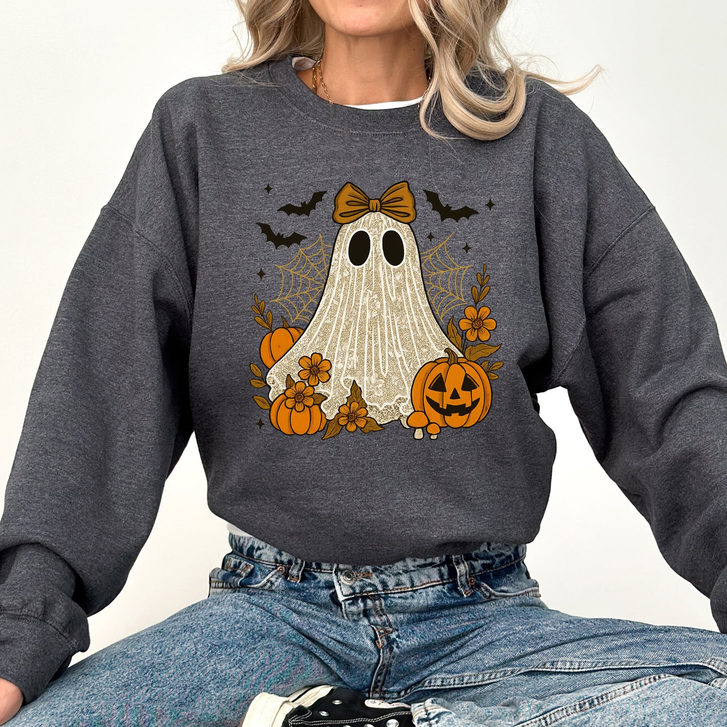 Cute Ghost Graphic Sweatshirt Bow Lace Bats Halloween Retro Vintage