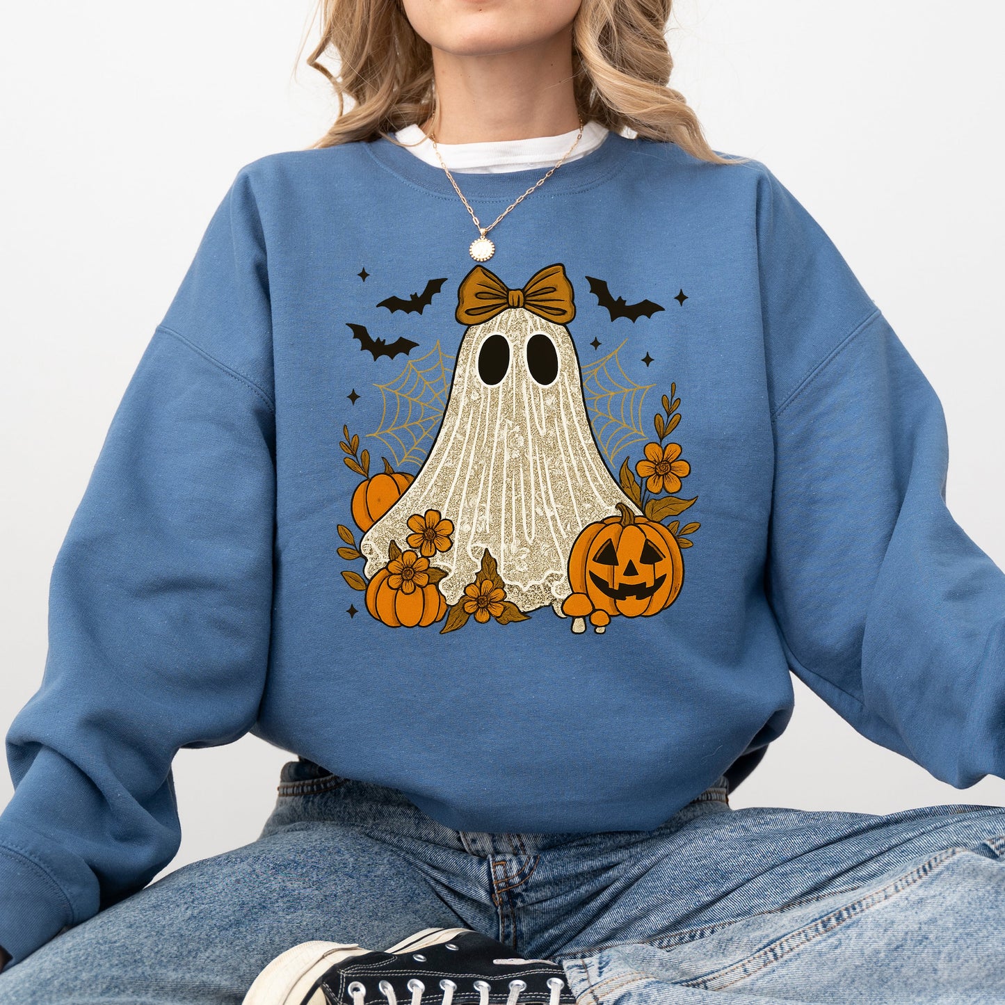 Cute Ghost Graphic Sweatshirt Bow Lace Bats Halloween Retro Vintage