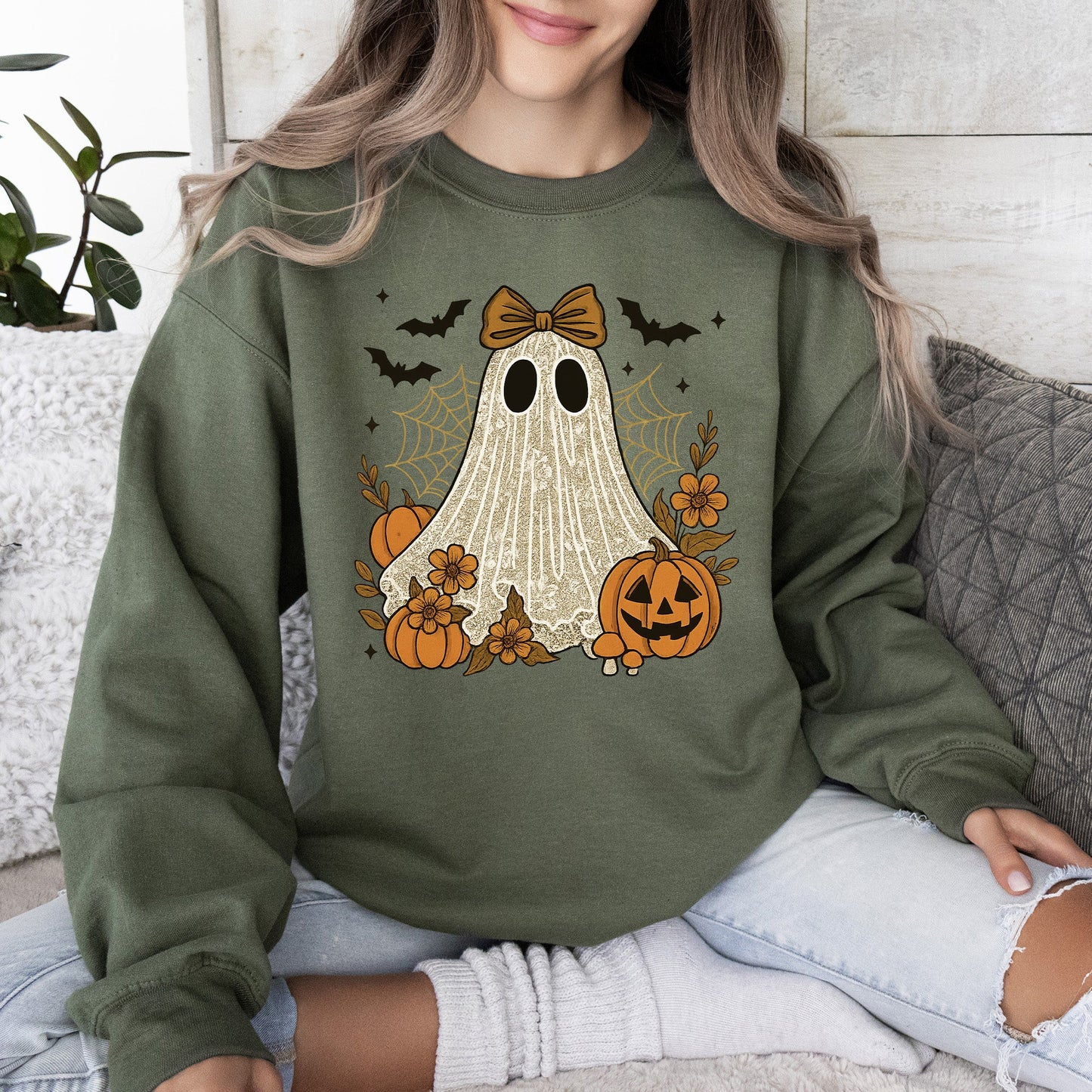 Cute Ghost Graphic Sweatshirt Bow Lace Bats Halloween Retro Vintage