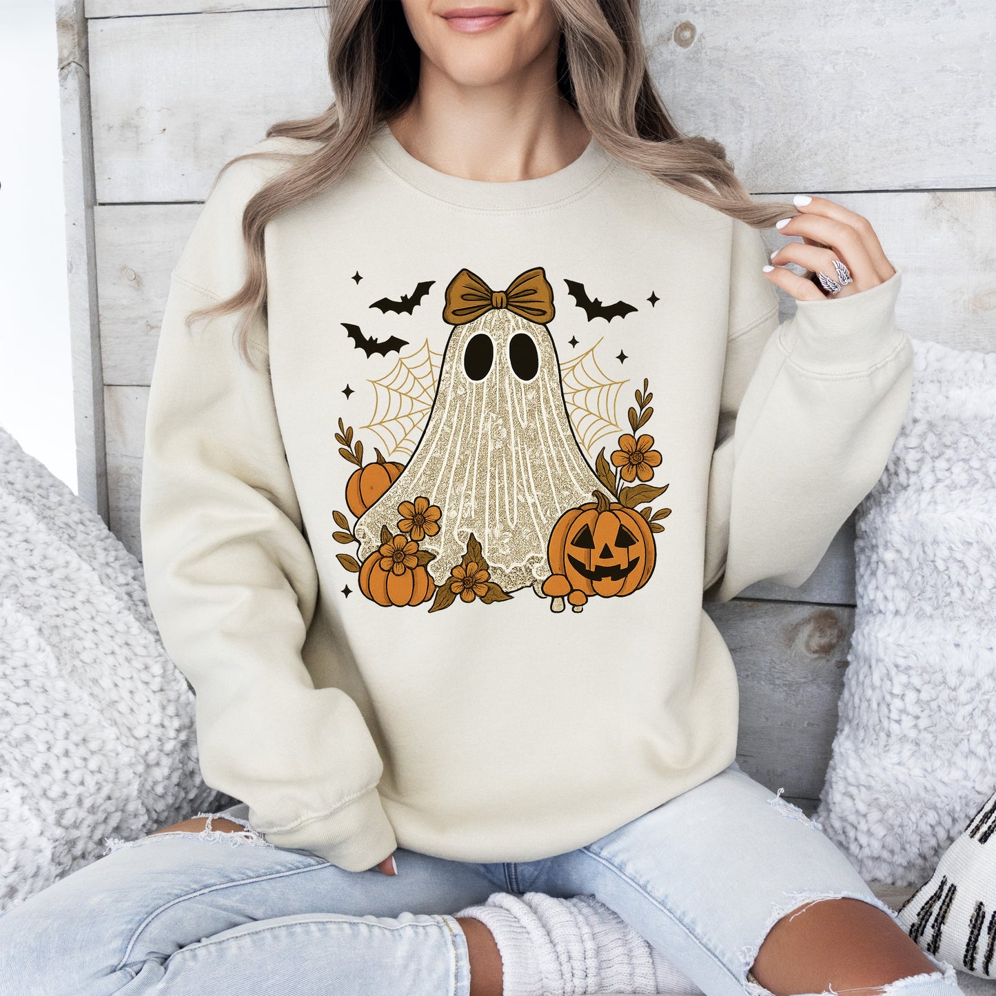 Cute Ghost Graphic Sweatshirt Bow Lace Bats Halloween Retro Vintage