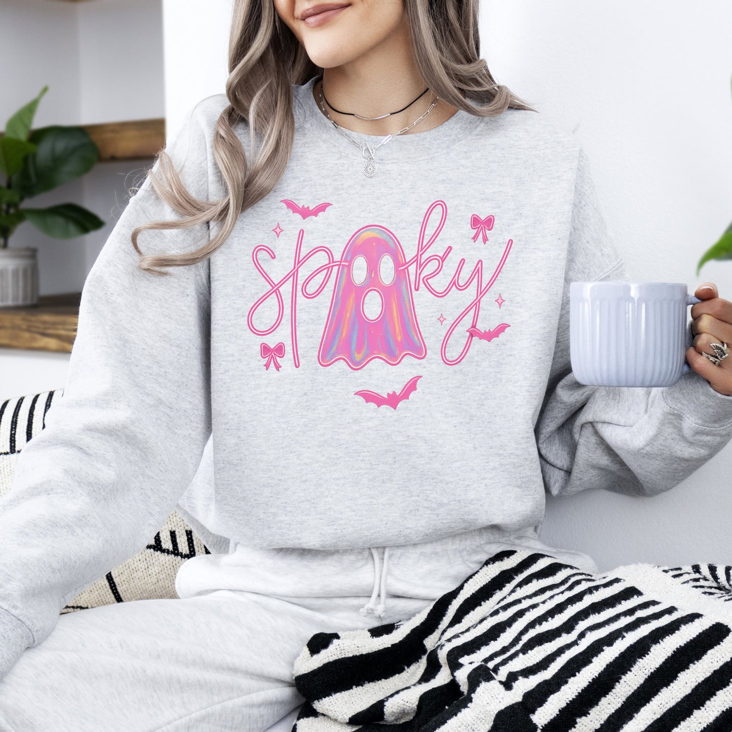 Pink Neon Ghost, Halloween, Retro, Vintage, Spooky, Costume, Fall, Graphic Sweatshirt