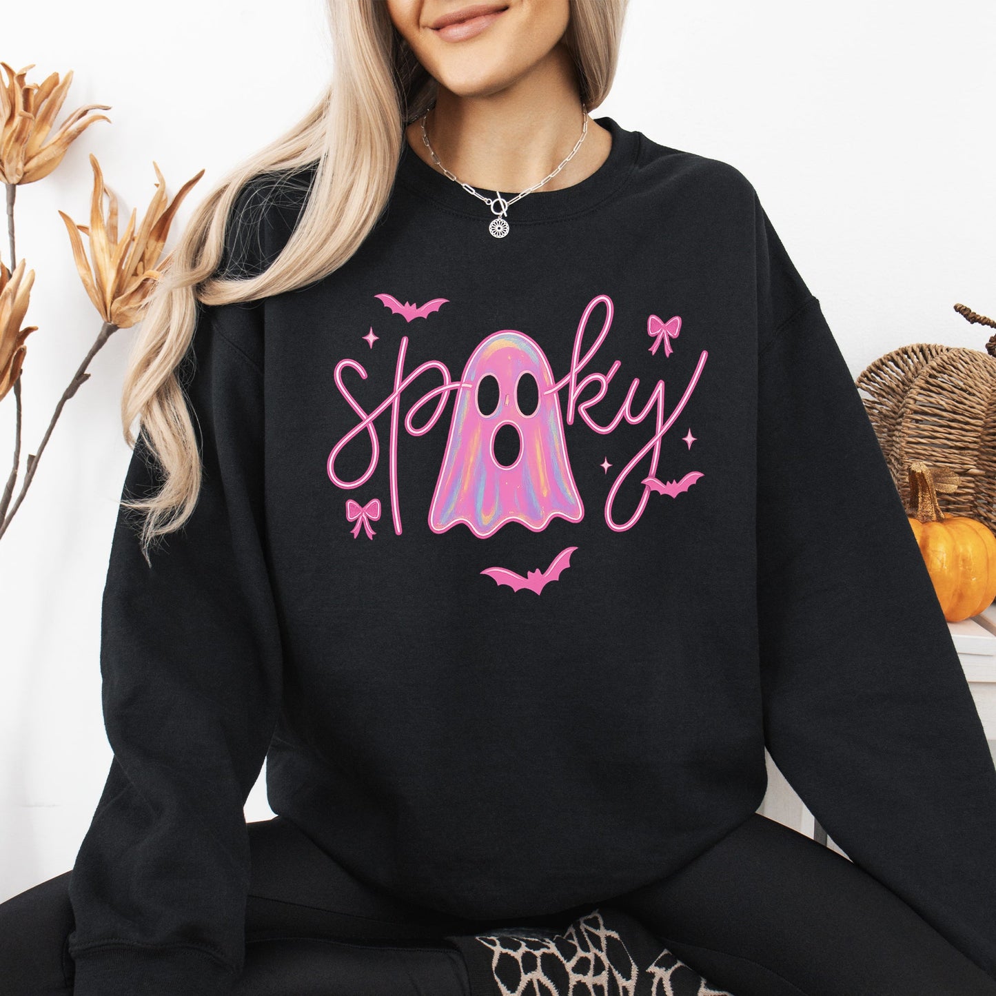 Pink Neon Ghost, Halloween, Retro, Vintage, Spooky, Costume, Fall, Graphic Sweatshirt