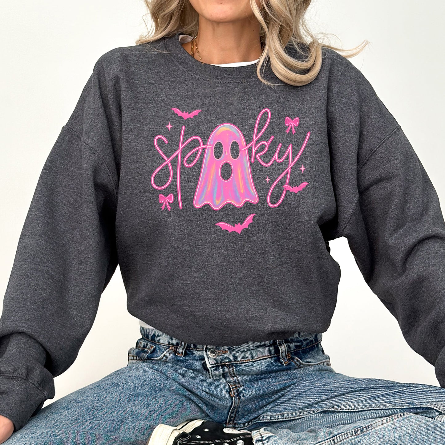 Pink Neon Ghost, Halloween, Retro, Vintage, Spooky, Costume, Fall, Graphic Sweatshirt
