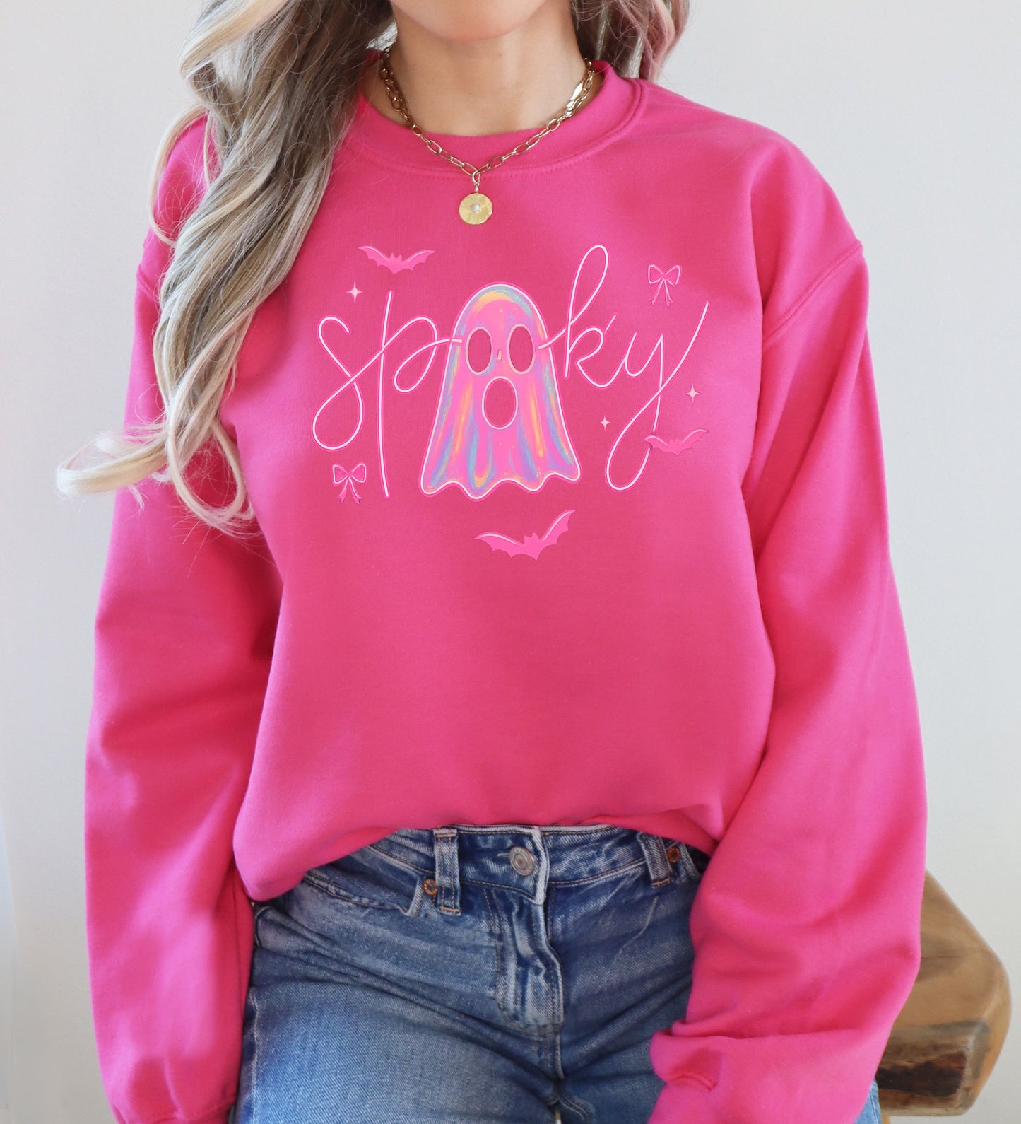 Pink Neon Ghost, Halloween, Retro, Vintage, Spooky, Costume, Fall, Graphic Sweatshirt