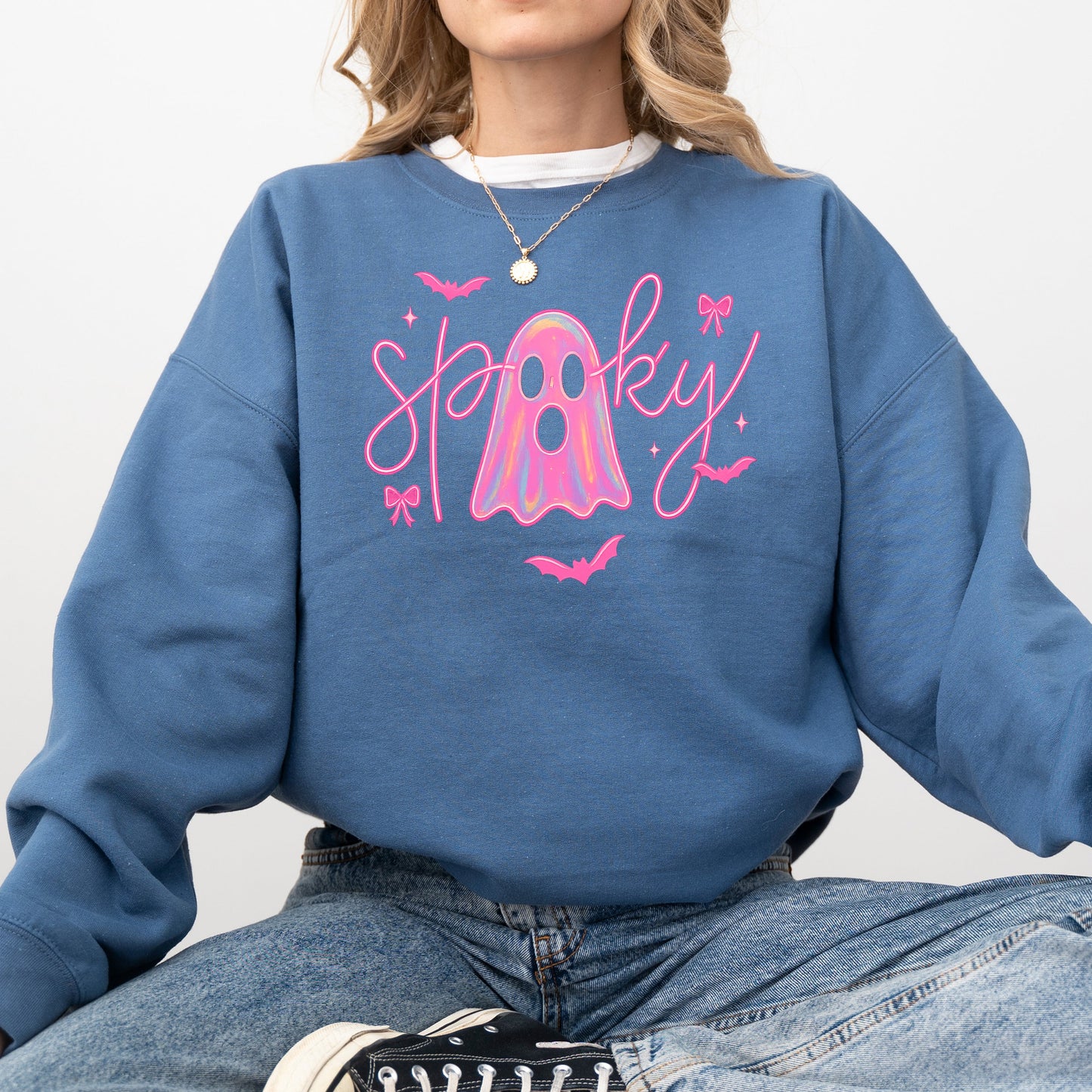 Pink Neon Ghost, Halloween, Retro, Vintage, Spooky, Costume, Fall, Graphic Sweatshirt
