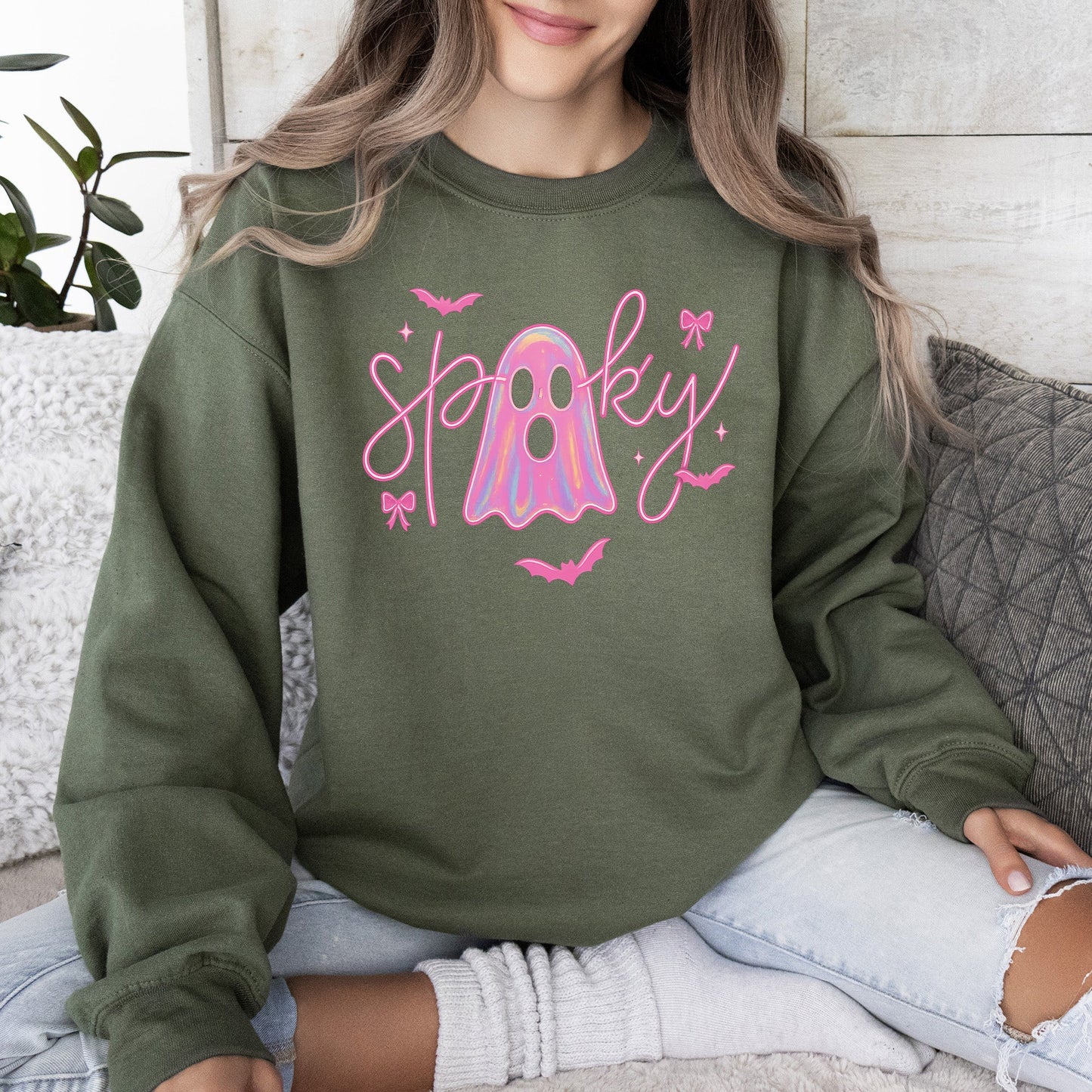 Pink Neon Ghost, Halloween, Retro, Vintage, Spooky, Costume, Fall, Graphic Sweatshirt