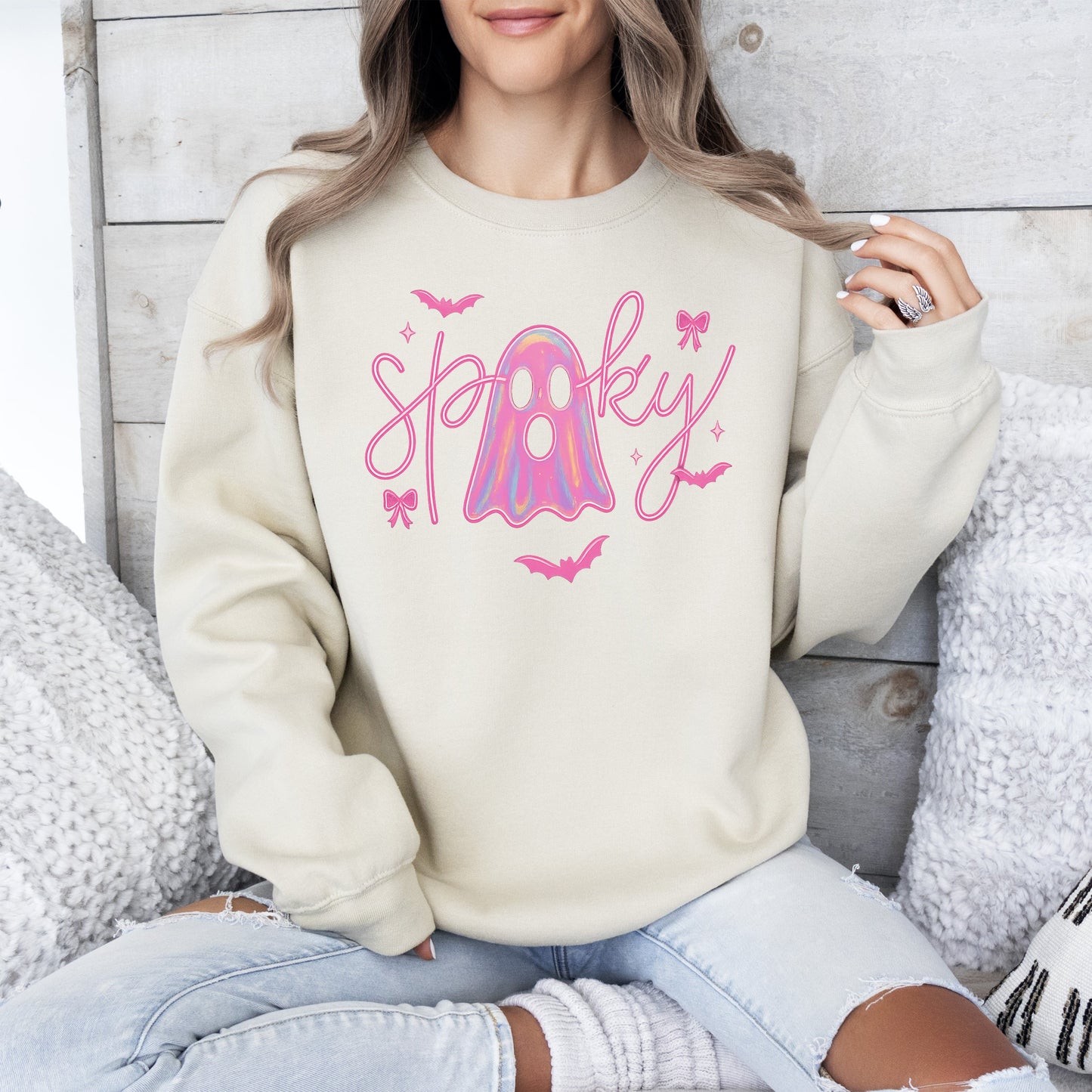 Pink Neon Ghost, Halloween, Retro, Vintage, Spooky, Costume, Fall, Graphic Sweatshirt