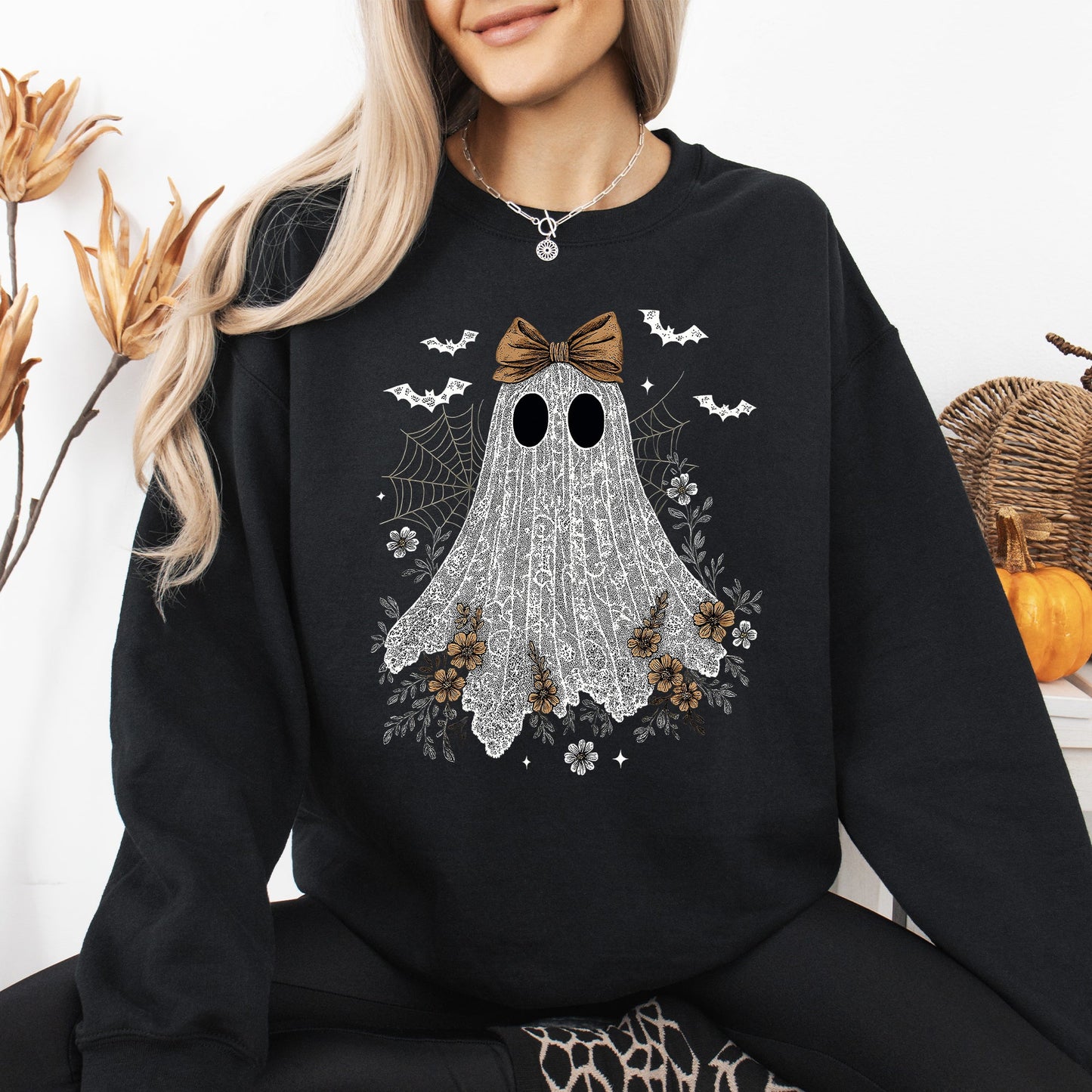 Cute Lace Ghost Bow Graphic Sweatshirt Vintage Halloween Coquette