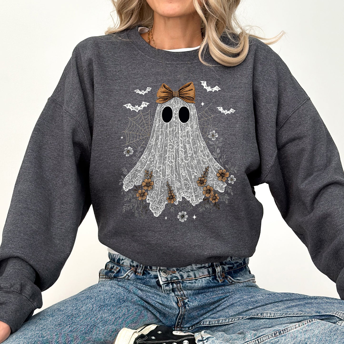 Cute Lace Ghost Bow Graphic Sweatshirt Vintage Halloween Coquette