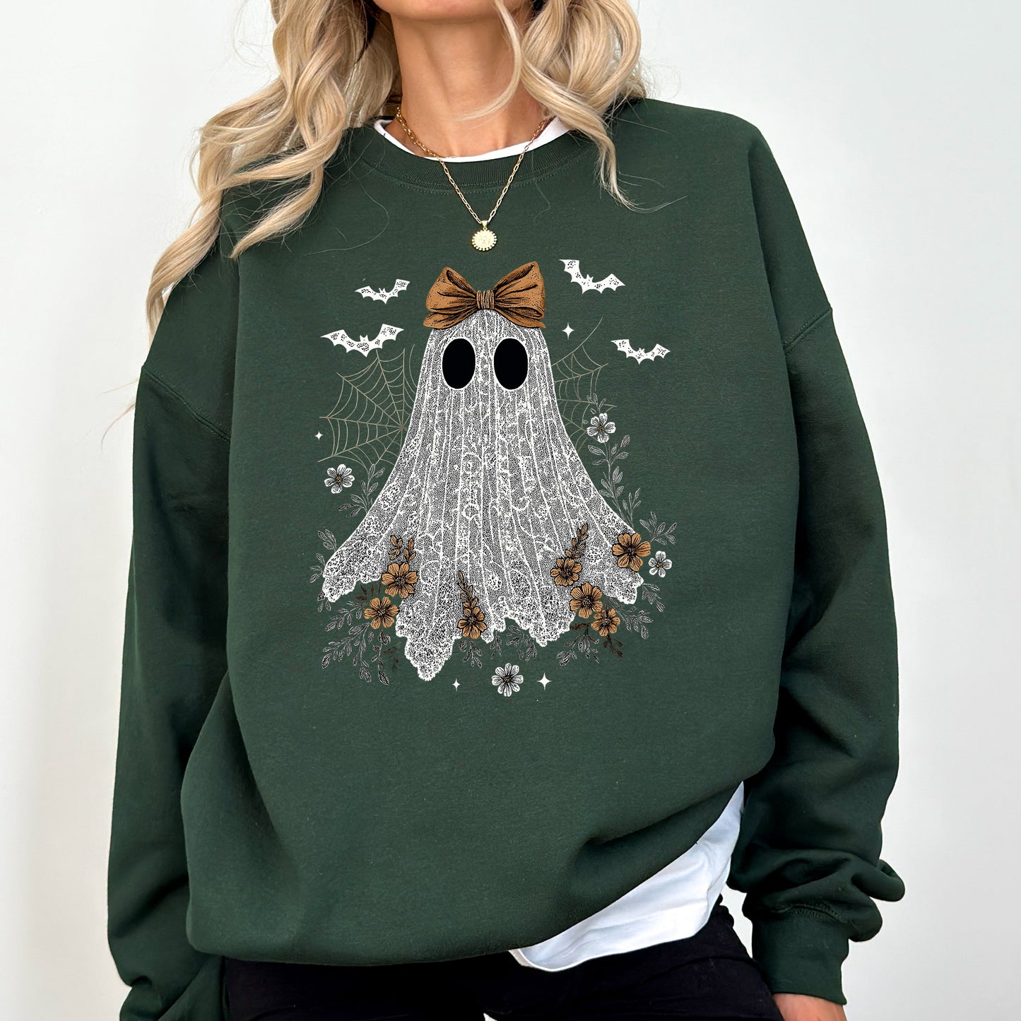 Cute Lace Ghost Bow Graphic Sweatshirt Vintage Halloween Coquette