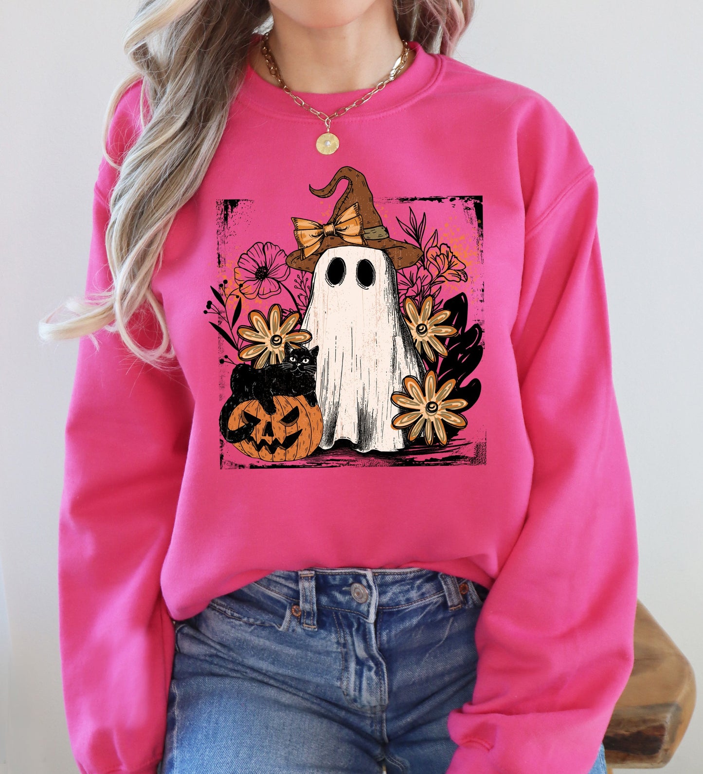 Pink Neon Ghost Vintage Graphic Sweatshirt Halloween Costume