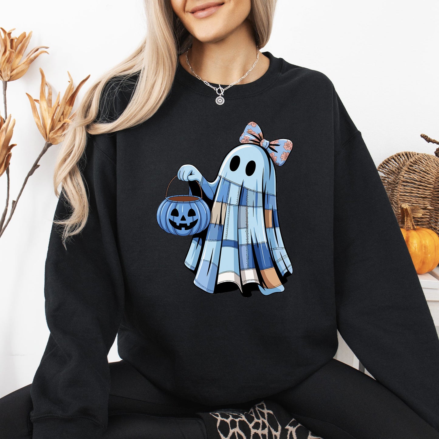 Blue Ghost Patchwork Graphic Sweatshirt Halloween Costume