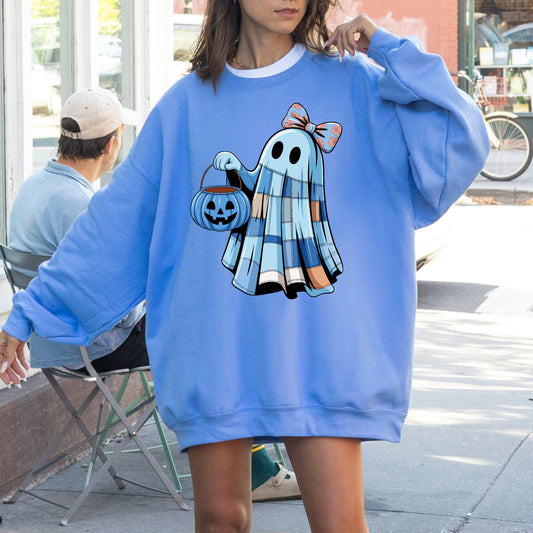 Blue Ghost Patchwork Graphic Sweatshirt Halloween Costume