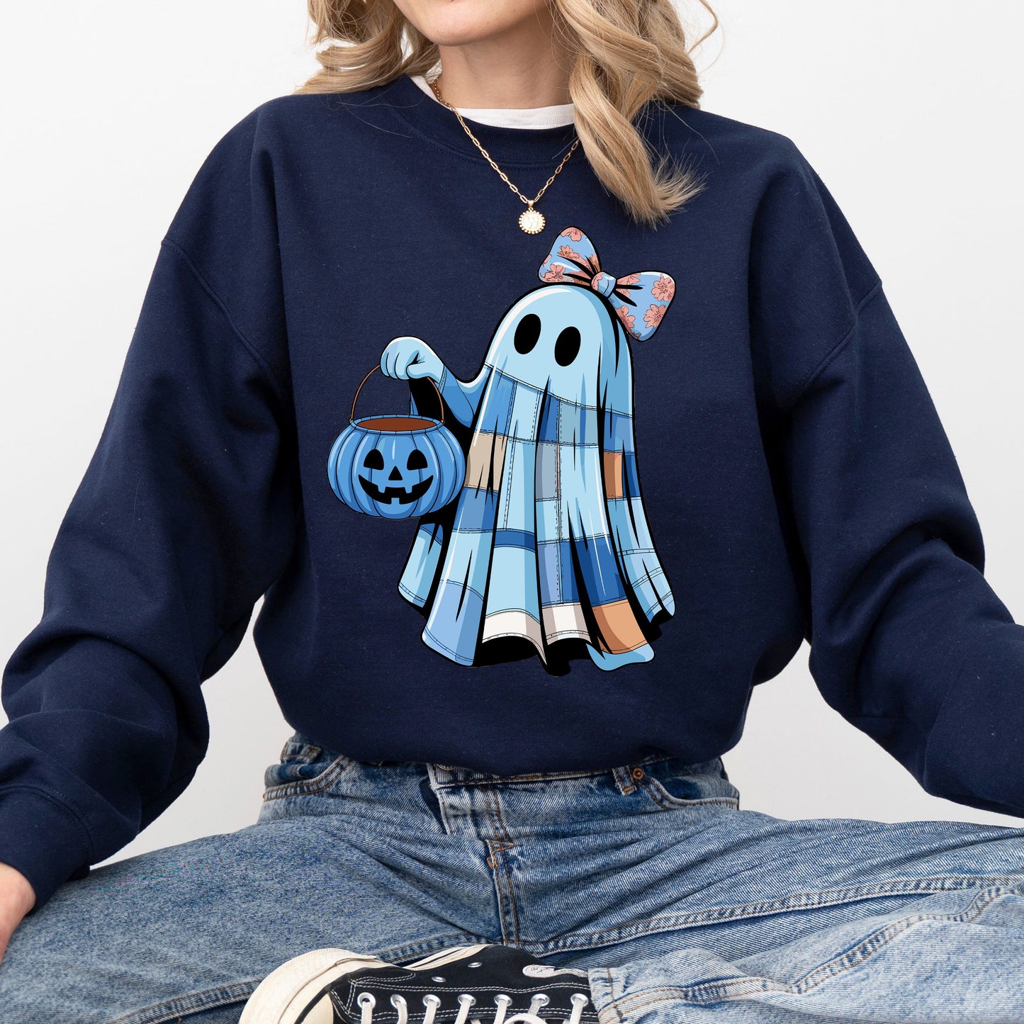 Blue Ghost Patchwork Graphic Sweatshirt Halloween Costume