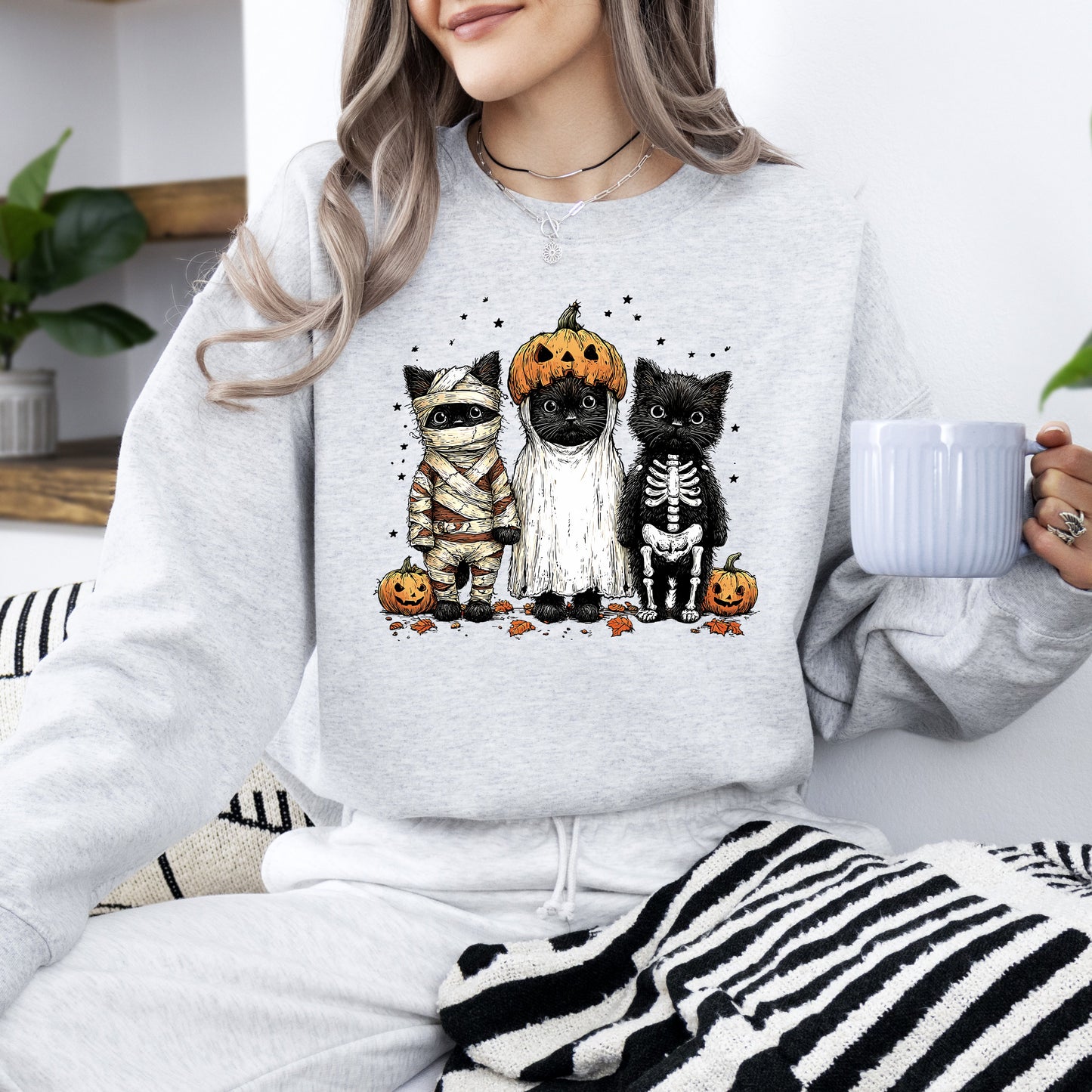 Funny Halloween Cats Vintage Graphic Sweatshirt