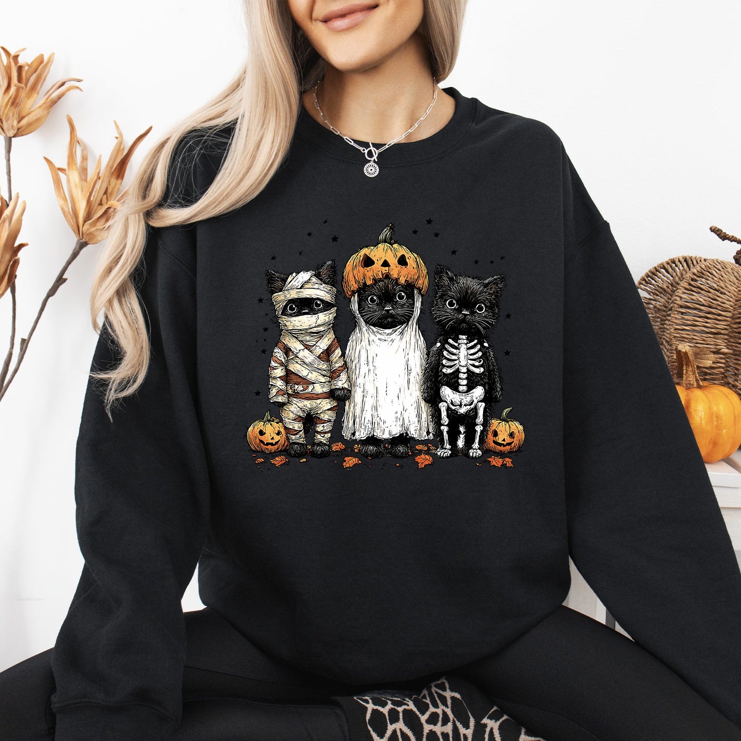 Funny Halloween Cats Vintage Graphic Sweatshirt