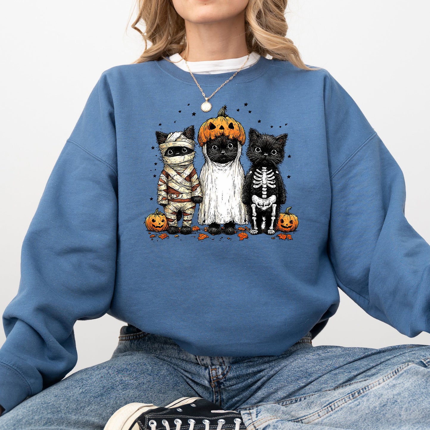 Funny Halloween Cats Vintage Graphic Sweatshirt