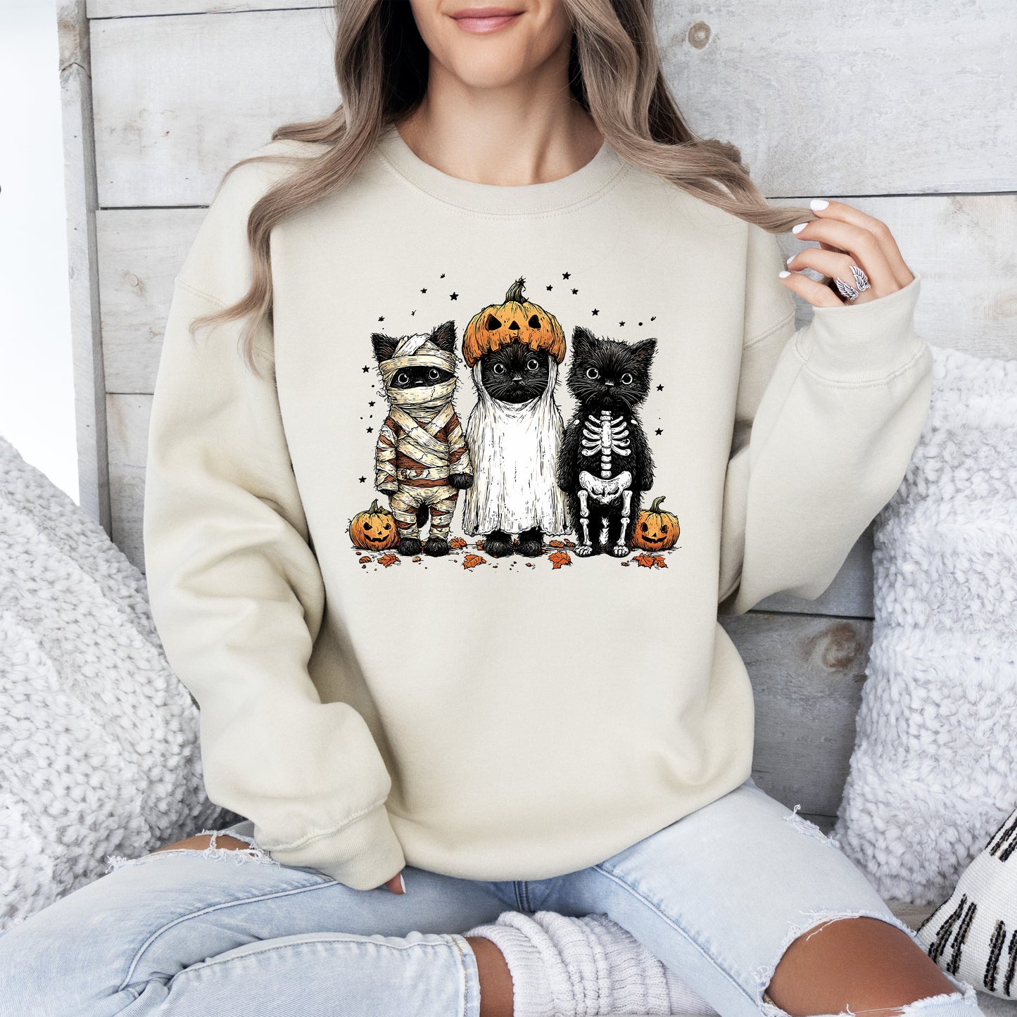 Funny Halloween Cats Vintage Graphic Sweatshirt