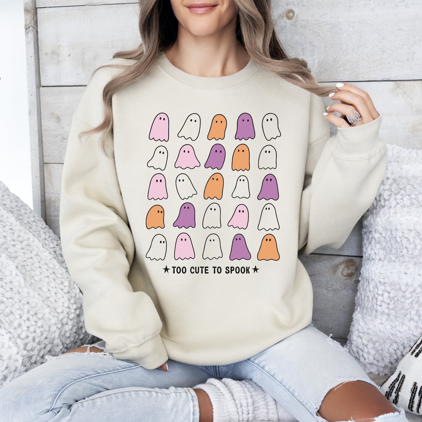 Too Cute to Spook, Mini Ghosts, Halloween, Vintage, Pumpkin, Retro, Spooky, Costume, Fall, Graphic Sweatshirt