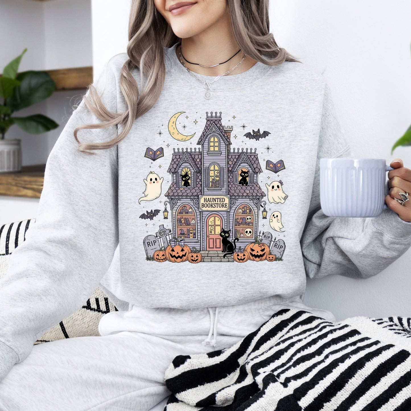 Haunted Book Store Mini Ghosts Graphic Sweatshirt Vintage Pumpkin Retro