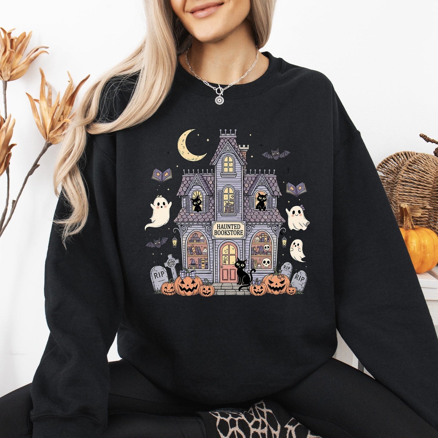 Haunted Book Store Mini Ghosts Graphic Sweatshirt Vintage Pumpkin Retro